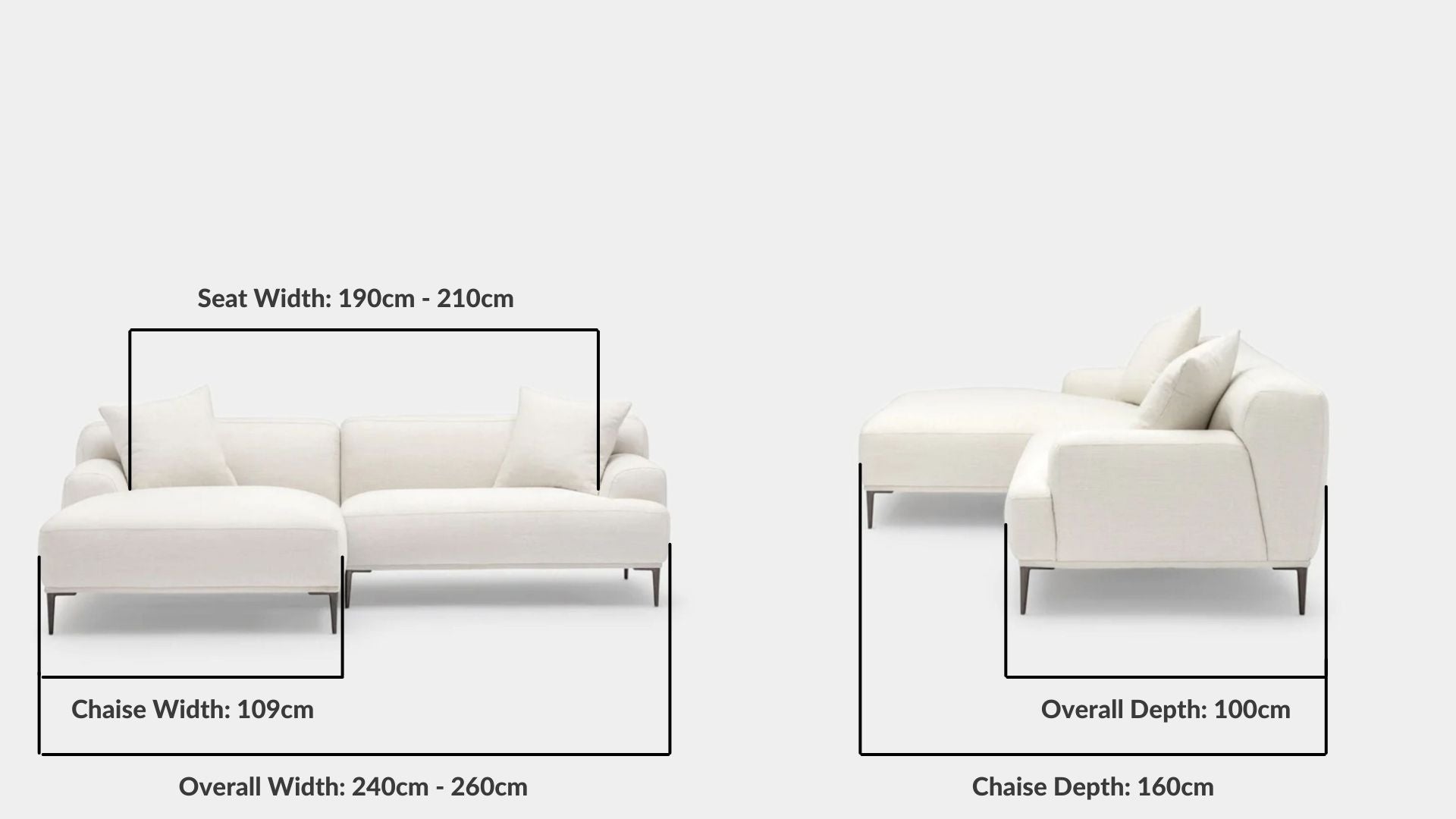 Details the key dimensions in terms of overall width, overall depth and seat width for Crystal Fabric Sectional Sofa