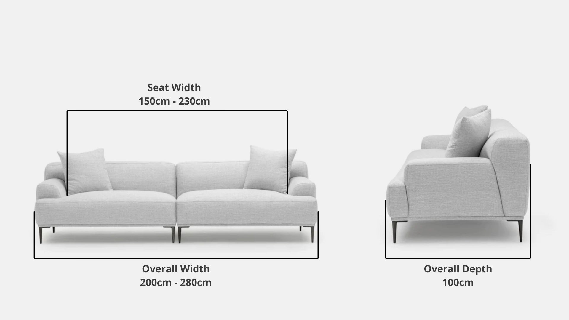 Details the key dimensions in terms of overall width, overall depth and seat width for Crystal Fabric Sofa