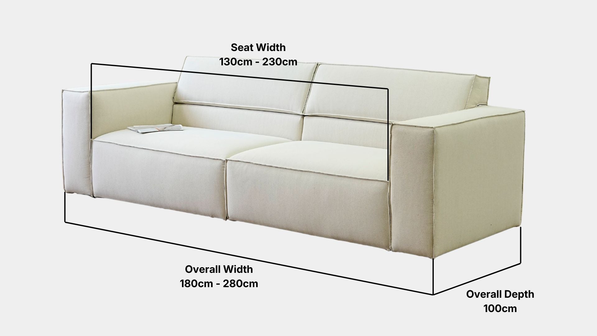 Details the key dimensions in terms of overall width, overall depth and seat width for Cubix Fabric Adjustable Backrest Sofa