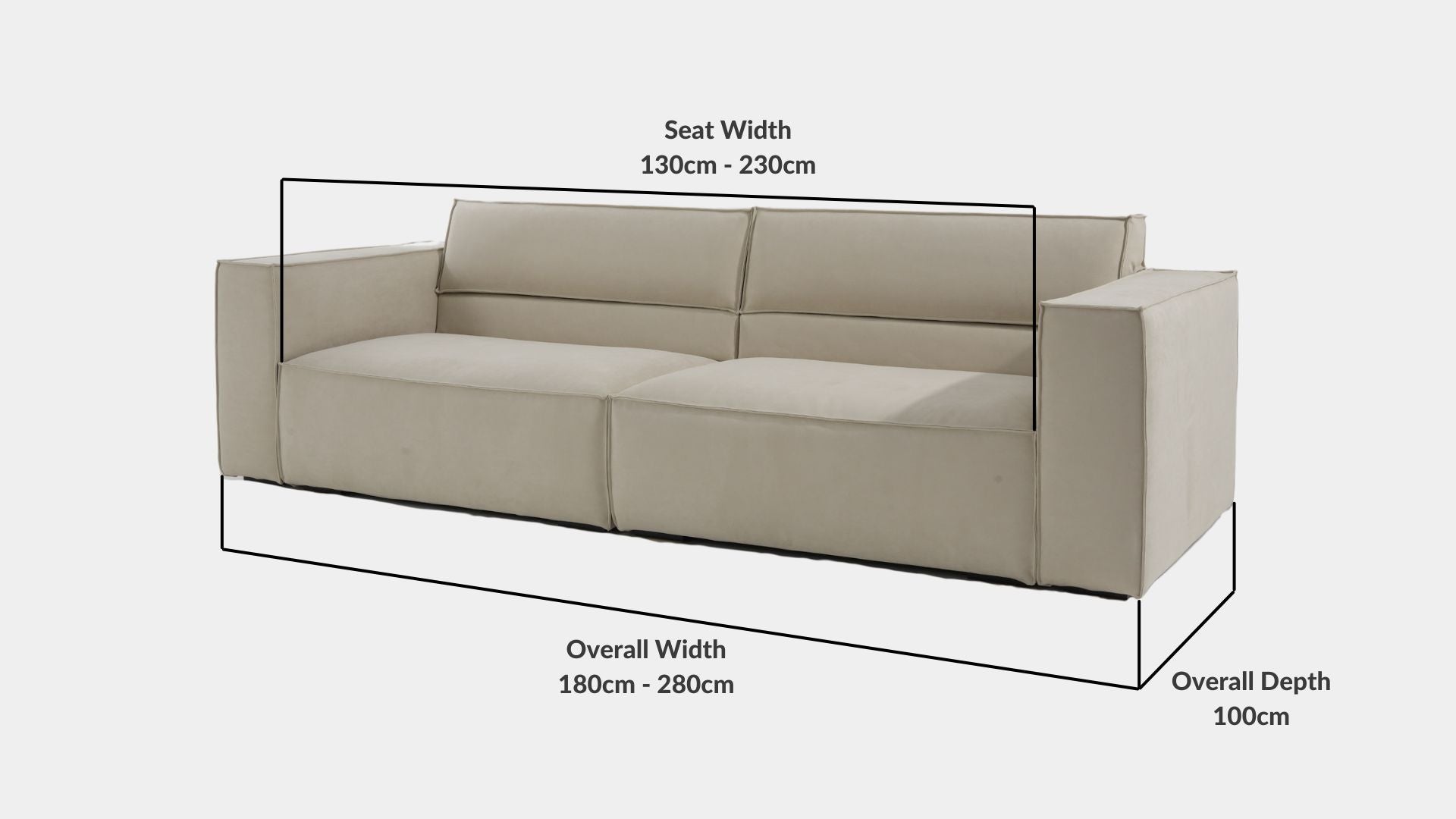 Details the key dimensions in terms of overall width, overall depth and seat width for Cubix Fabric Adjustable Backrest Sofa