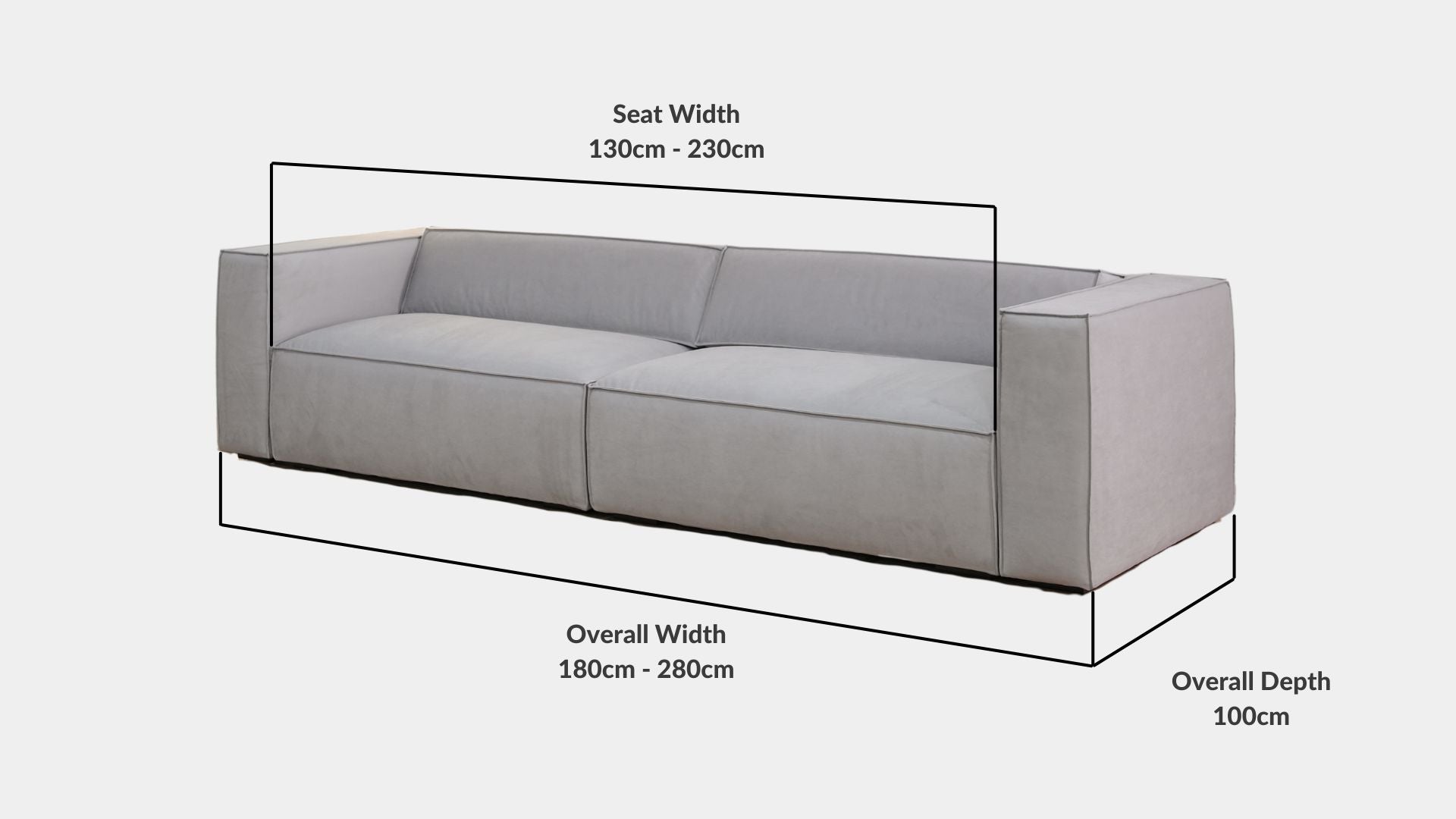 Details the key dimensions in terms of overall width, overall depth and seat width for Cubix Fabric Adjustable Backrest Sofa