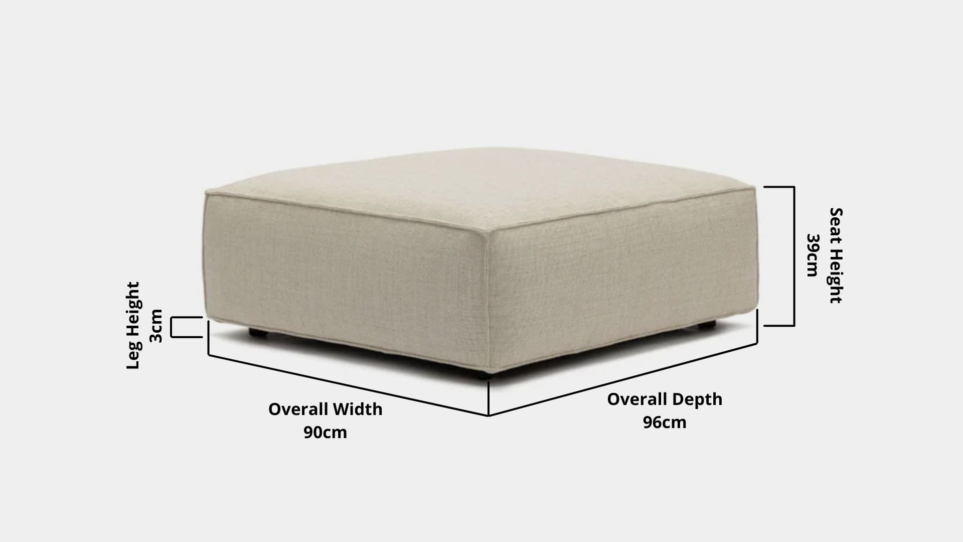 Details the key dimensions in terms of overall width, overall depth and seat width for Cubix Fabric Ottoman