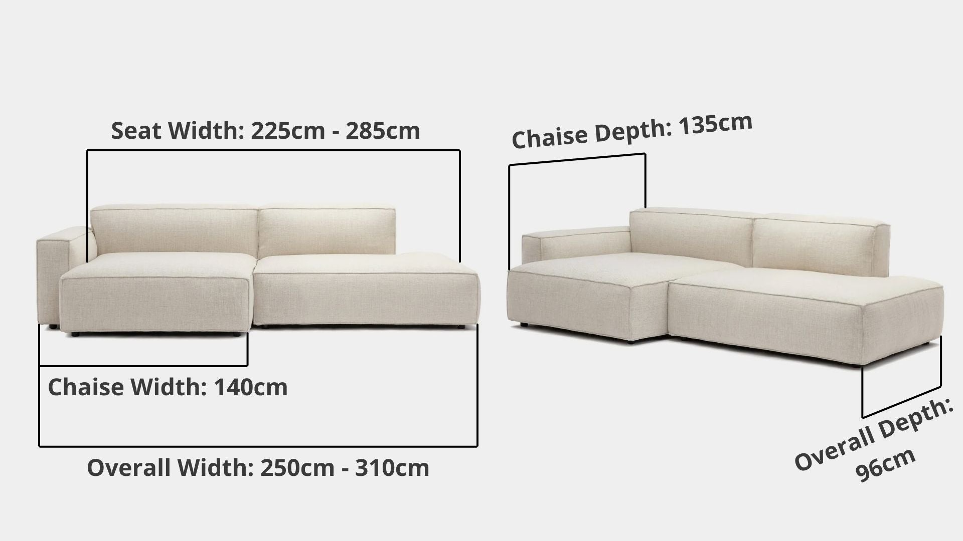 Details the key dimensions in terms of overall width, overall depth and seat width for Cubix Fabric L Shape Sectional One Arm Sofa