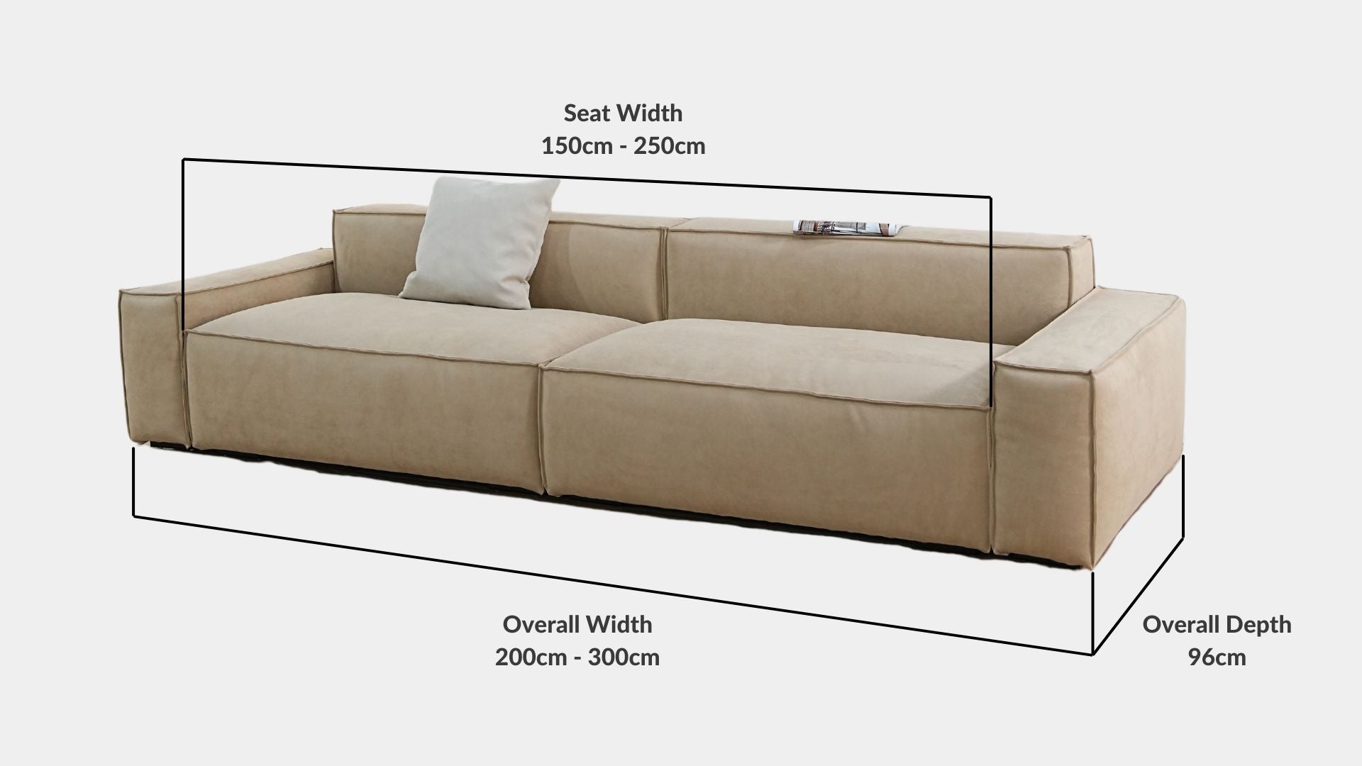 Details the key dimensions in terms of overall width, overall depth and seat width for Cubix Fabric Sofa