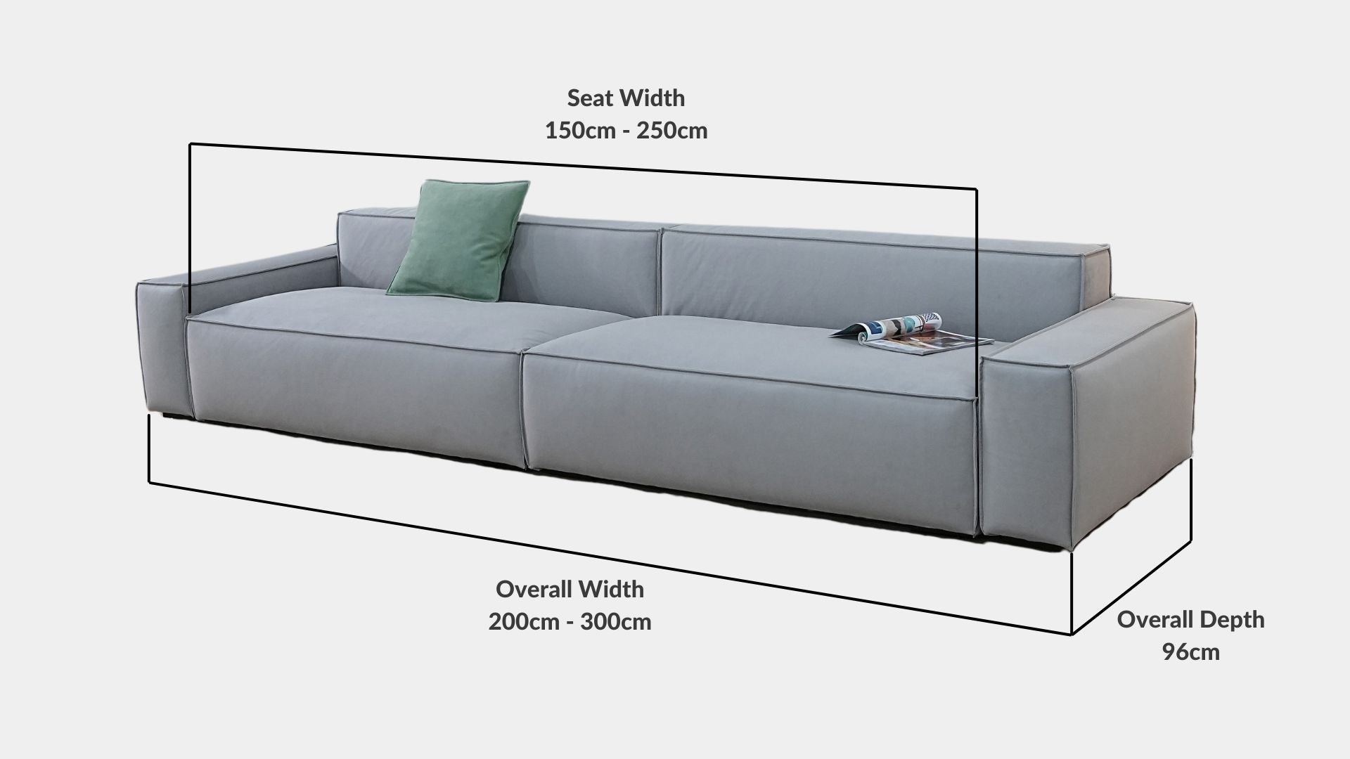 Details the key dimensions in terms of overall width, overall depth and seat width for Cubix Fabric Sofa