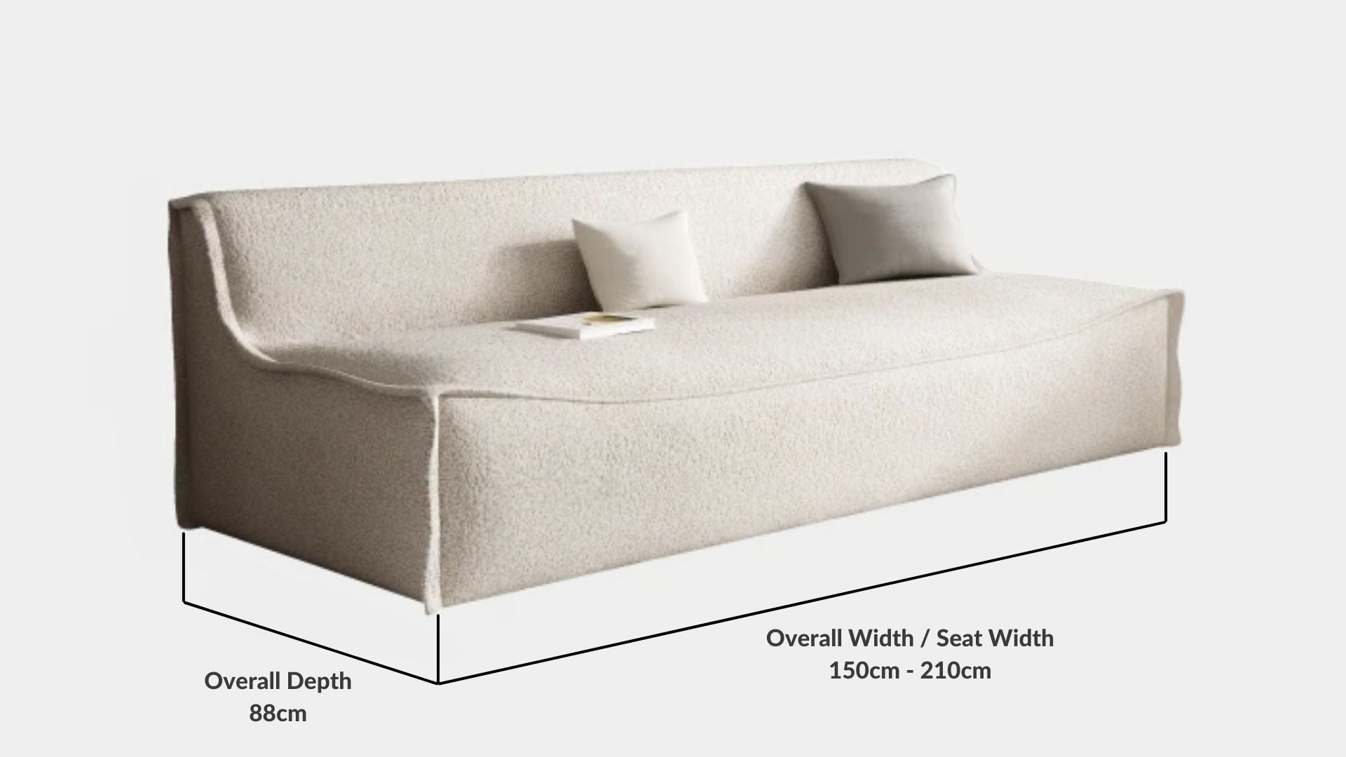 Details the key dimensions in terms of overall width, overall depth and seat width for Cubo Fabric Sofa