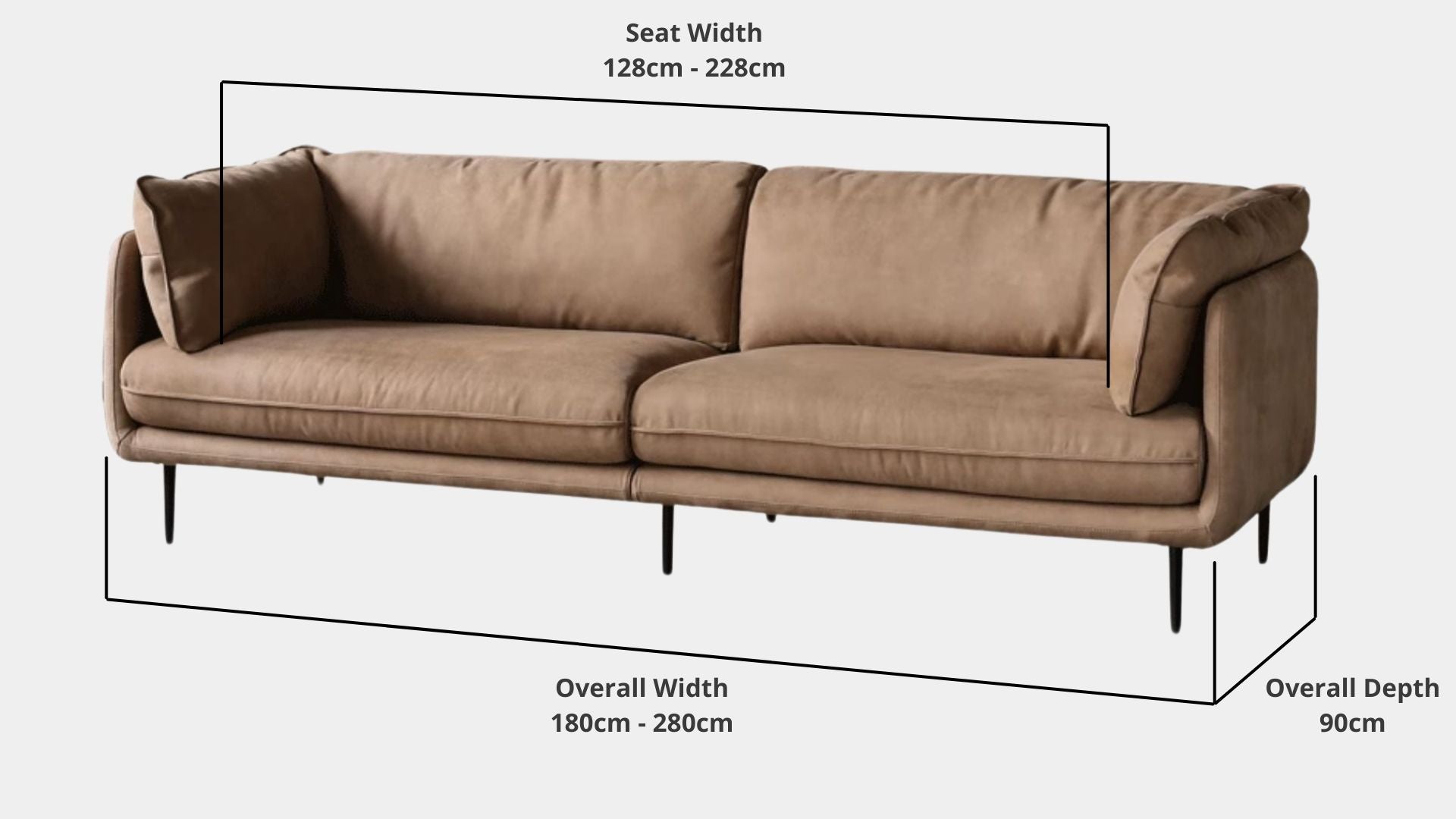 Details the key dimensions in terms of overall width, overall depth and seat width for Cuddle Fabric Sofa