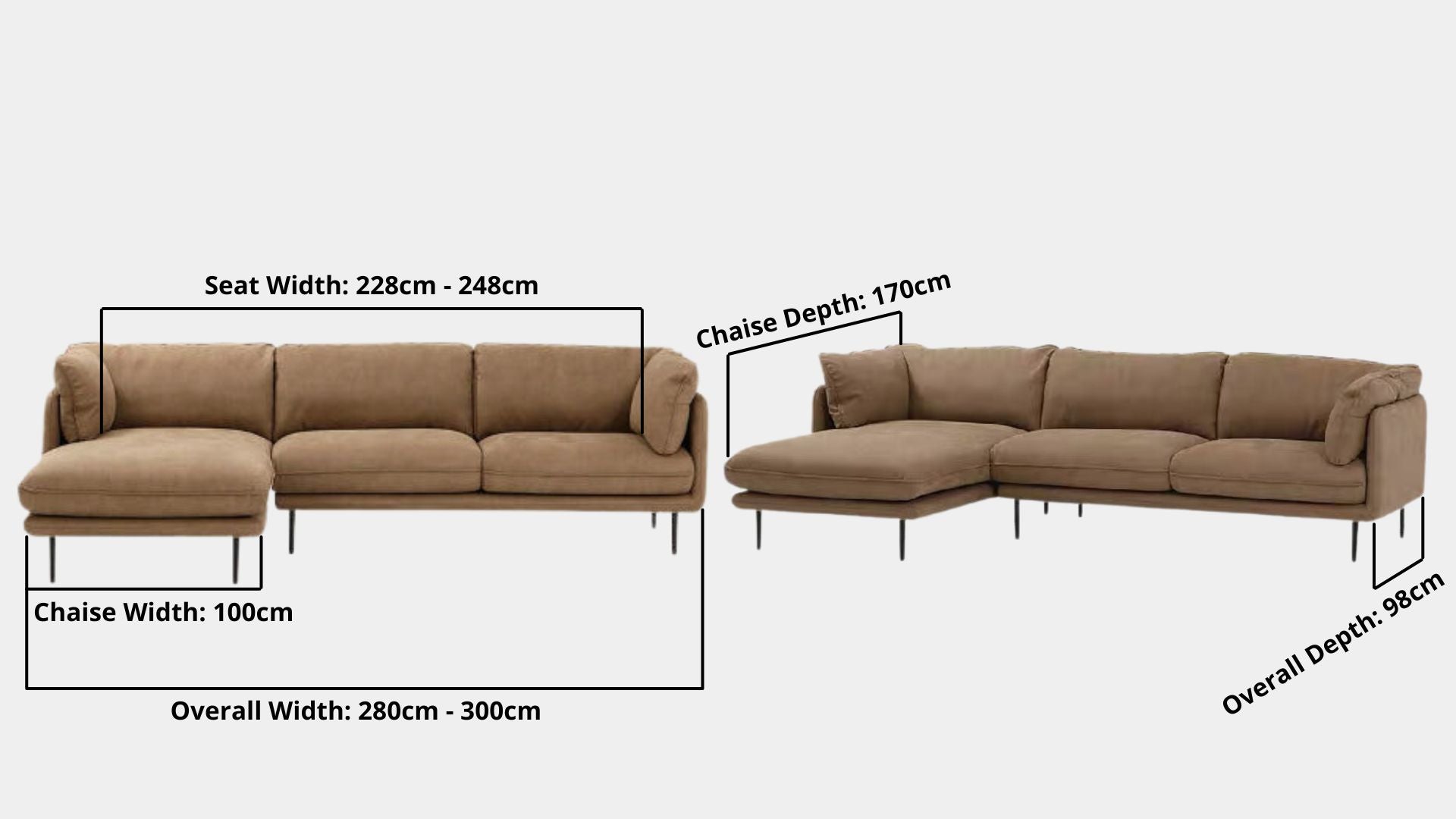 Details the key dimensions in terms of overall width, overall depth and seat width for Cuddle Fabric L Shape Sectional Sofa