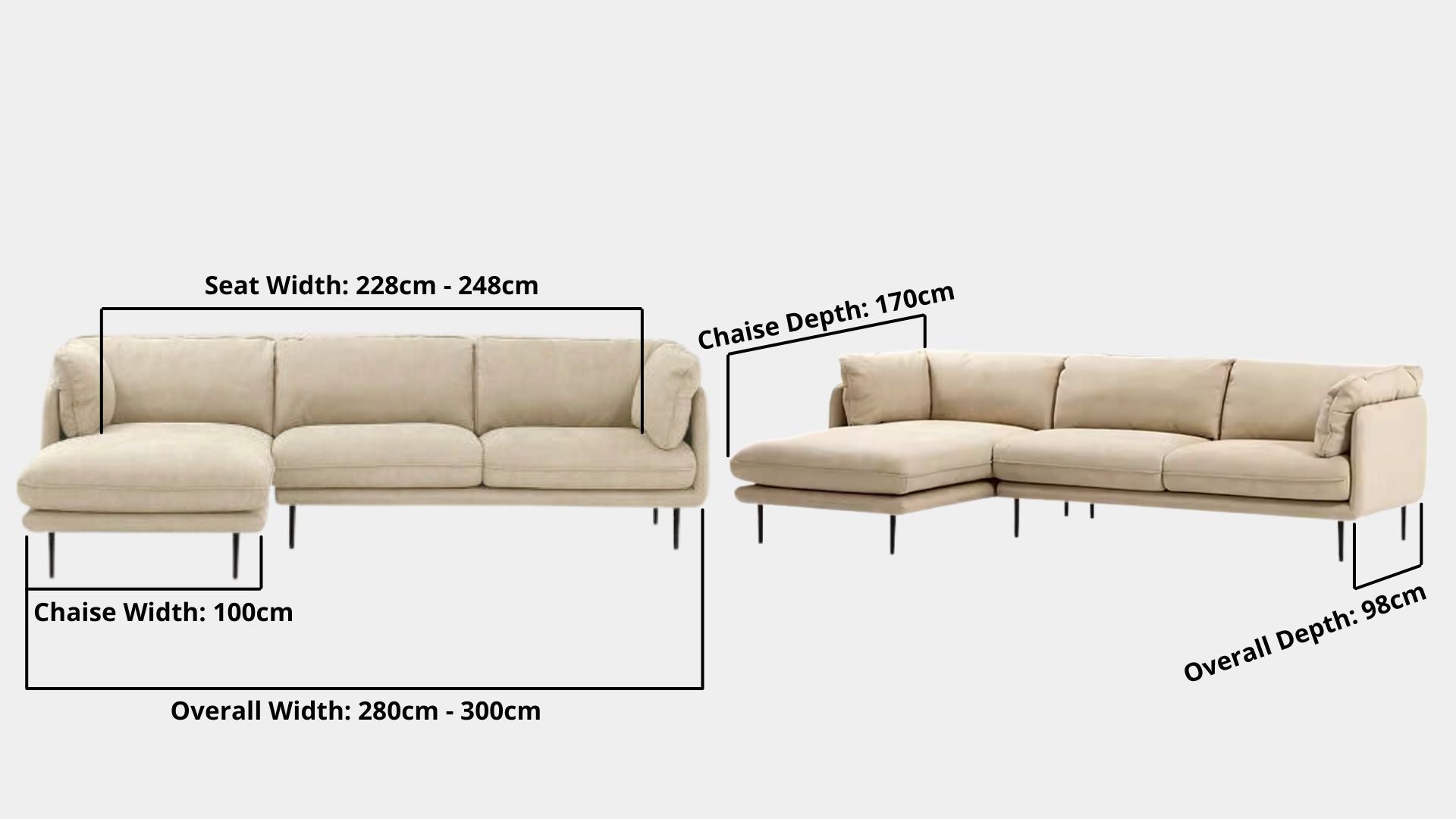 Details the key dimensions in terms of overall width, overall depth and seat width for Cuddle Fabric L Shape Sectional Sofa