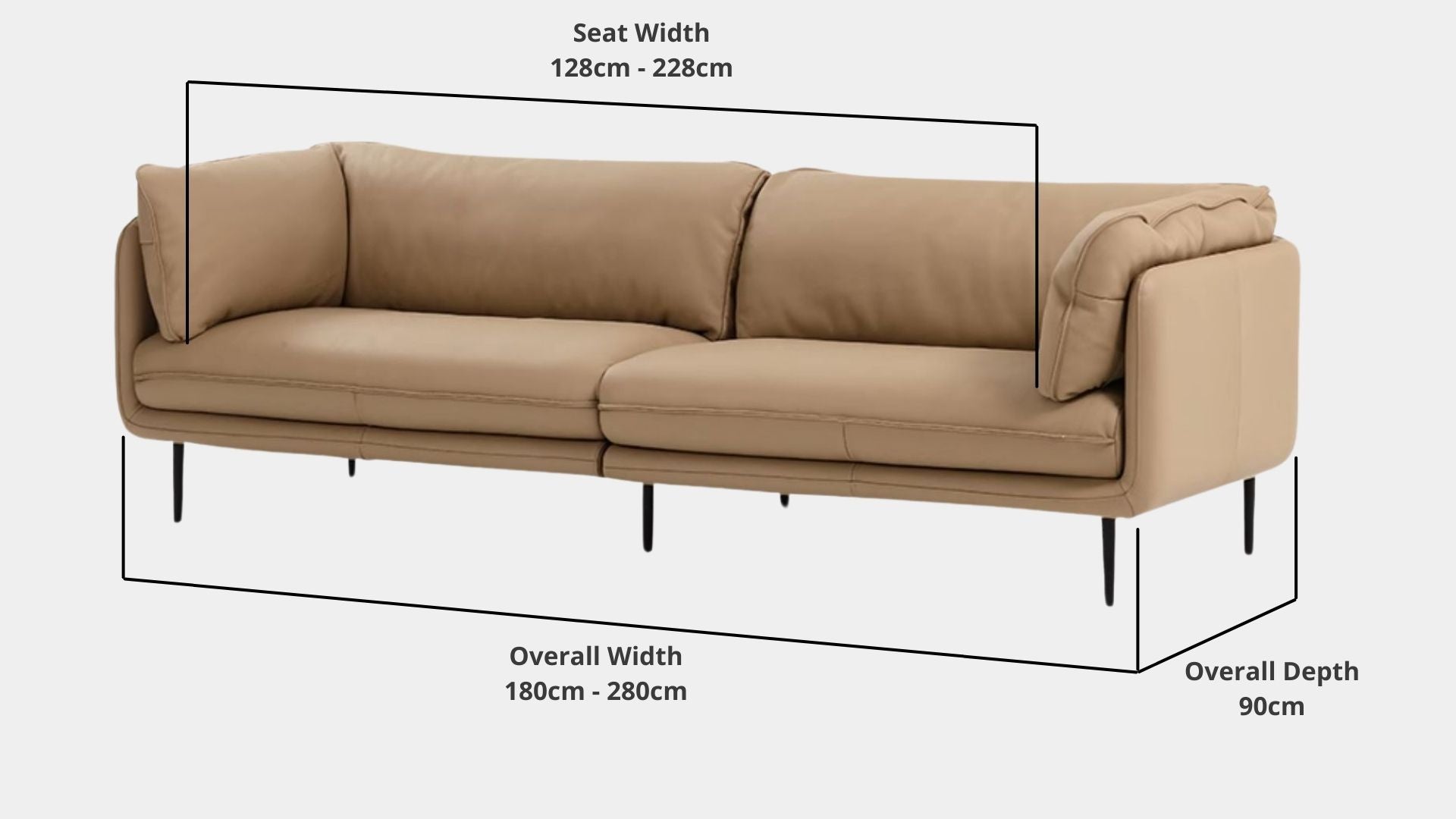 Details the key dimensions in terms of overall width, overall depth and seat width for Cuddle Full Leather Sofa