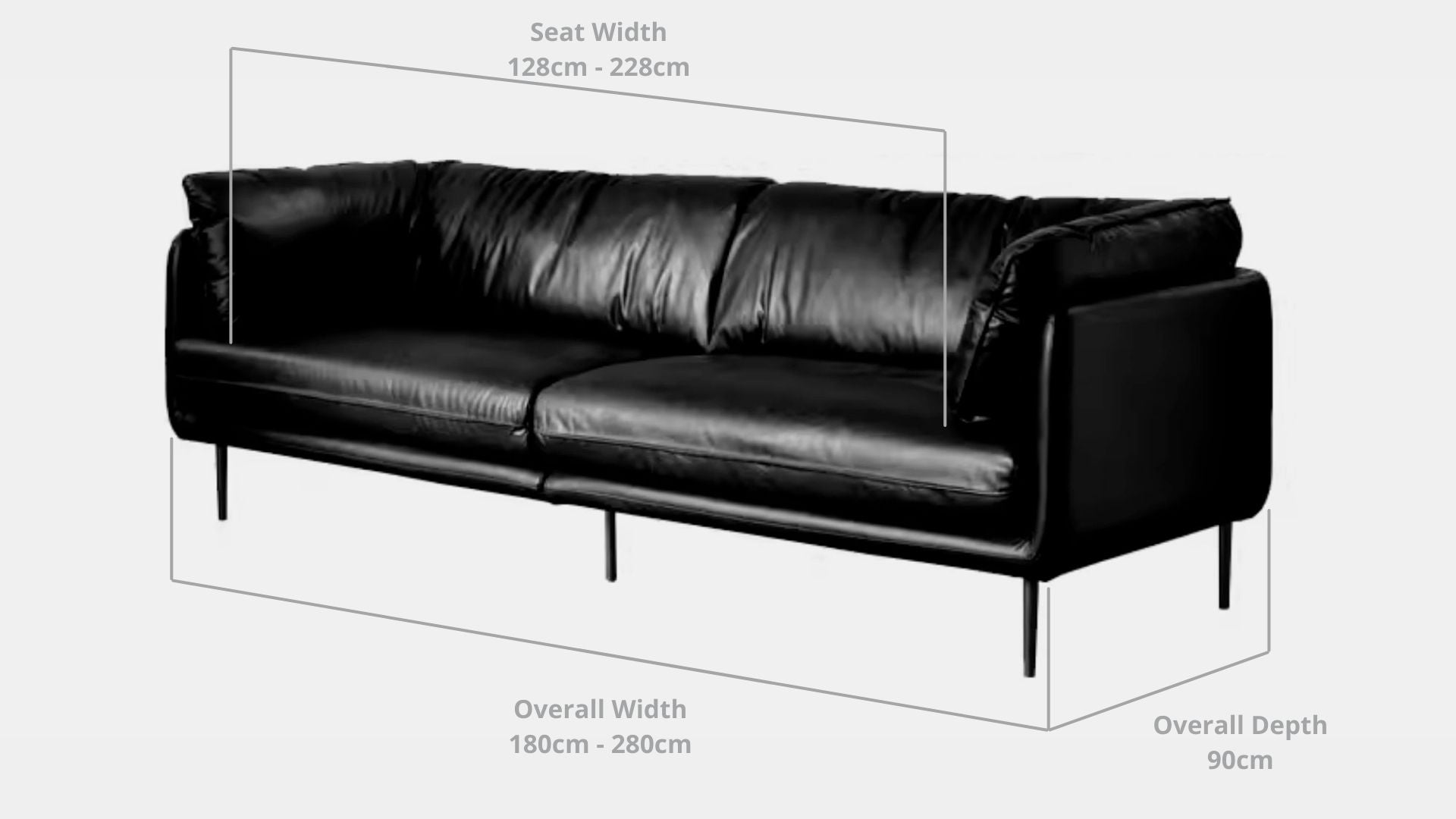 Details the key dimensions in terms of overall width, overall depth and seat width for Cuddle Full Leather Sofa