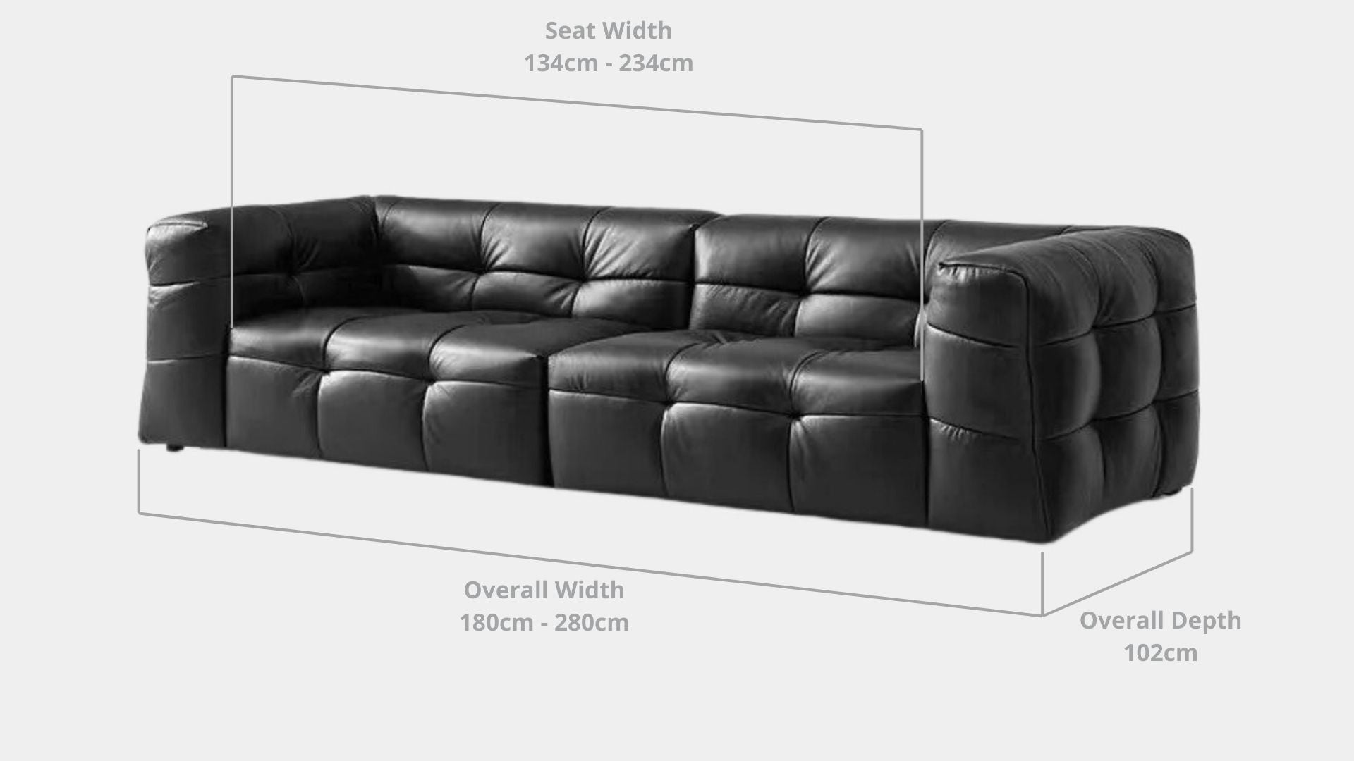 Details the key dimensions in terms of overall width, overall depth and seat width for Cutey Half Leather Sofa