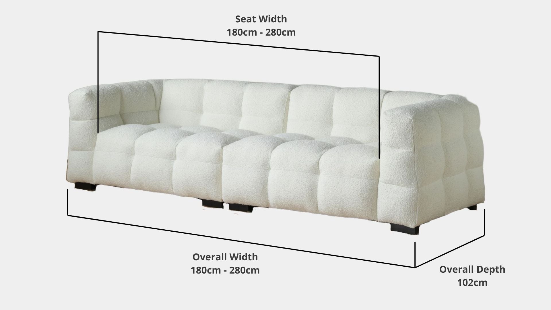 Details the key dimensions in terms of overall width, overall depth and seat width for Cutey Fabric Sofa