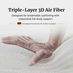 A hand resting on a white textured mattress surface with marketing text above reading 'Triple-Layer 3D Air Fiber' and 'Designed for breathable cushioning with responsive full-body support.'.