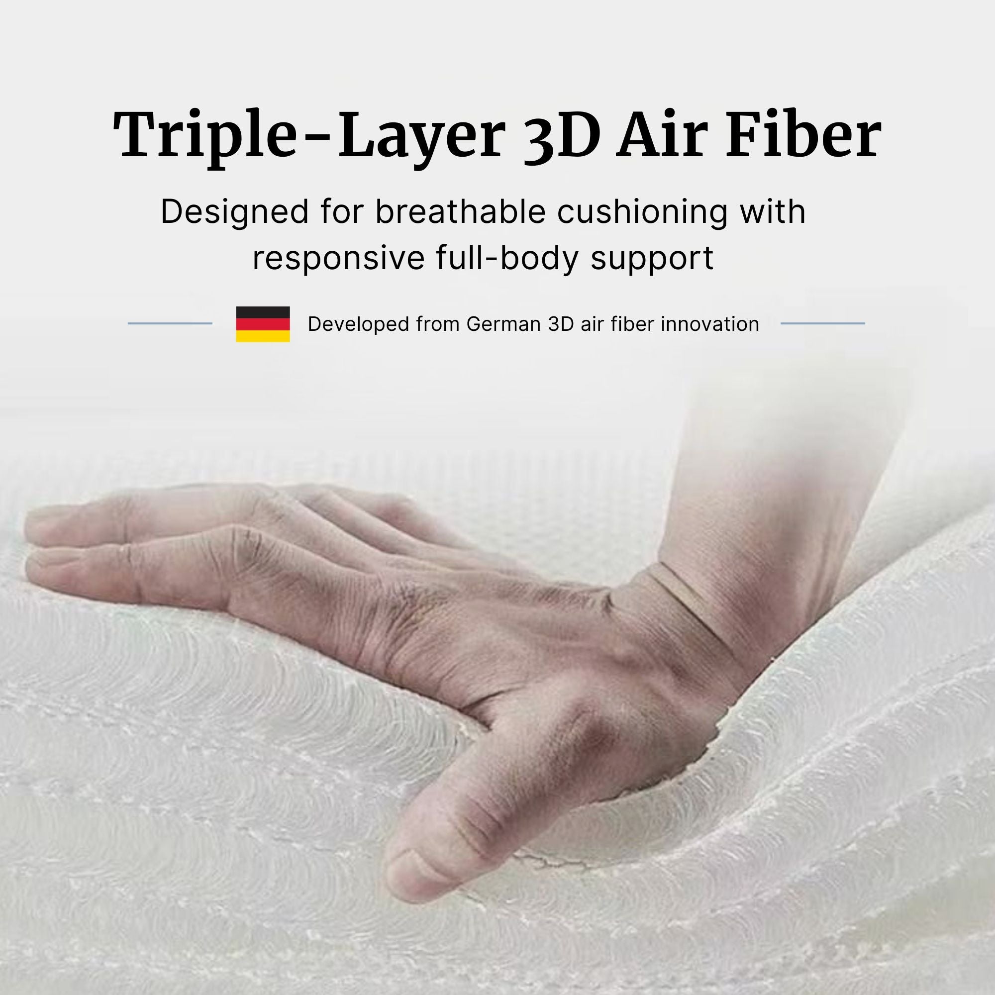 A hand resting on a white textured mattress surface with marketing text above reading 'Triple-Layer 3D Air Fiber' and 'Designed for breathable cushioning with responsive full-body support.'.