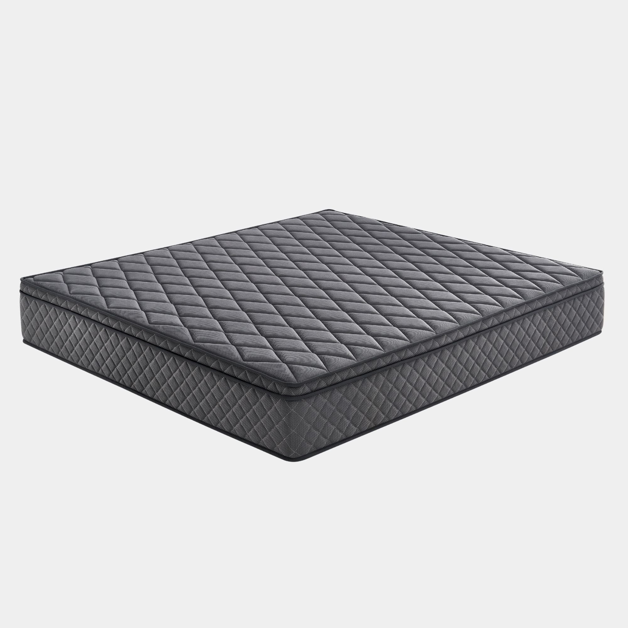 A dark gray quilted mattress shown at an angle on a light gray background.