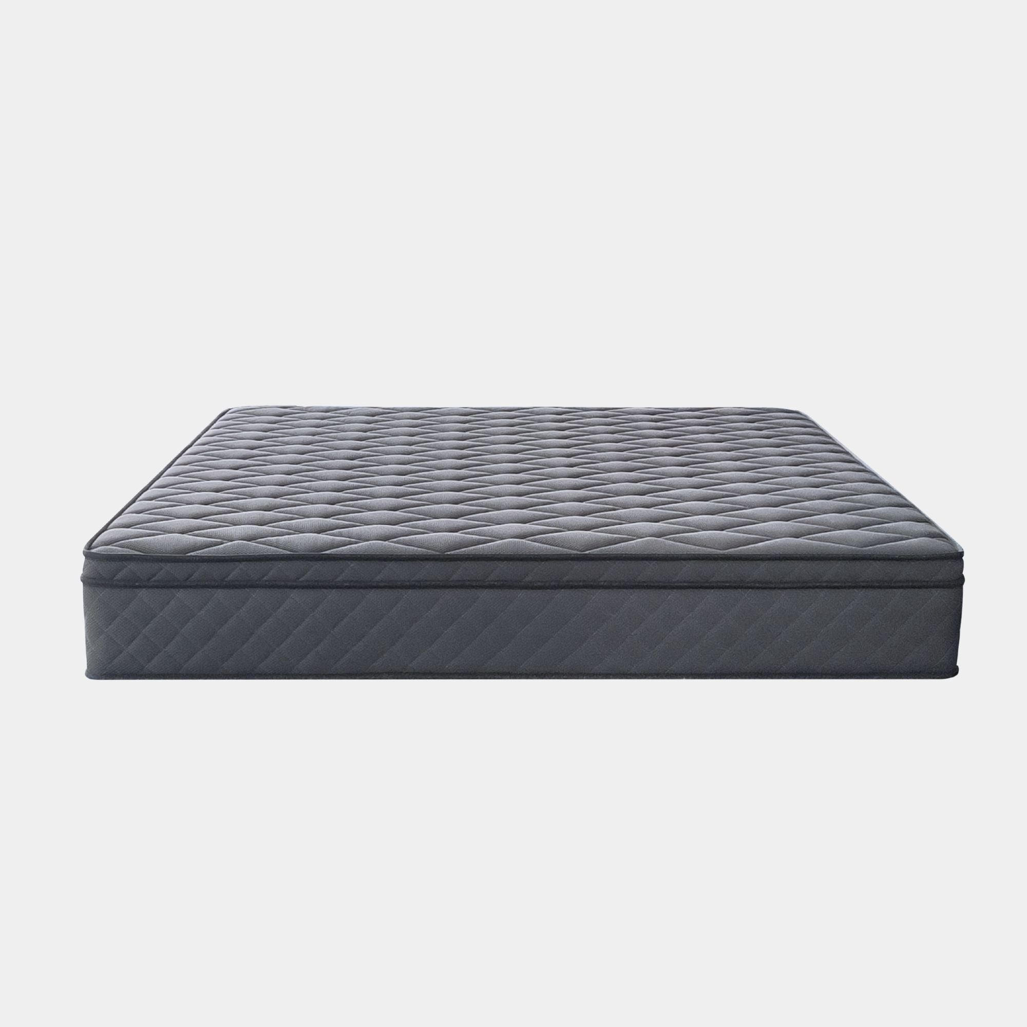 A dark gray quilted mattress shown from a high angle against a light gray background.