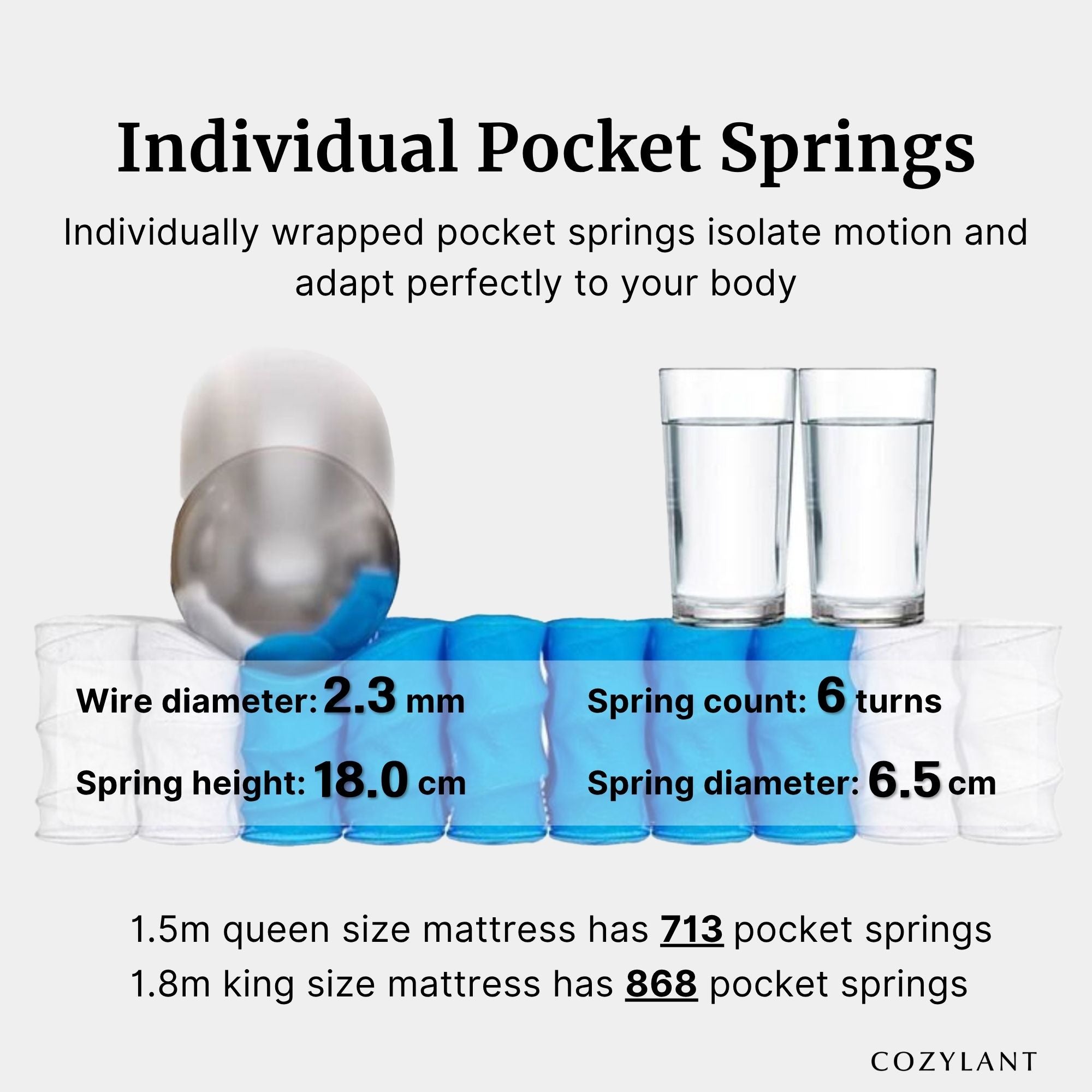 An informational product graphic for Cozylant individual pocket springs. The image shows several blue wrapped spring units, two clear glasses used as supports, and text listing dimensions and spring counts for a queen and king mattress.