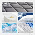 A four-panel marketing graphic for a mattress, highlighting breathable 5D fabric, supportive high-density foam, silent cooling pocket springs, and edge support. The panels show close-up textures, a white support block with a yellow ball, blue cooling fabric, and a white mattress corner with blue pocket springs.