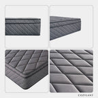 Four-panel product collage showing a dark gray quilted mattress from multiple angles, including a close-up of the diamond-quilted top and textured side panel. The brand name COZYLANT appears in the bottom right corner.