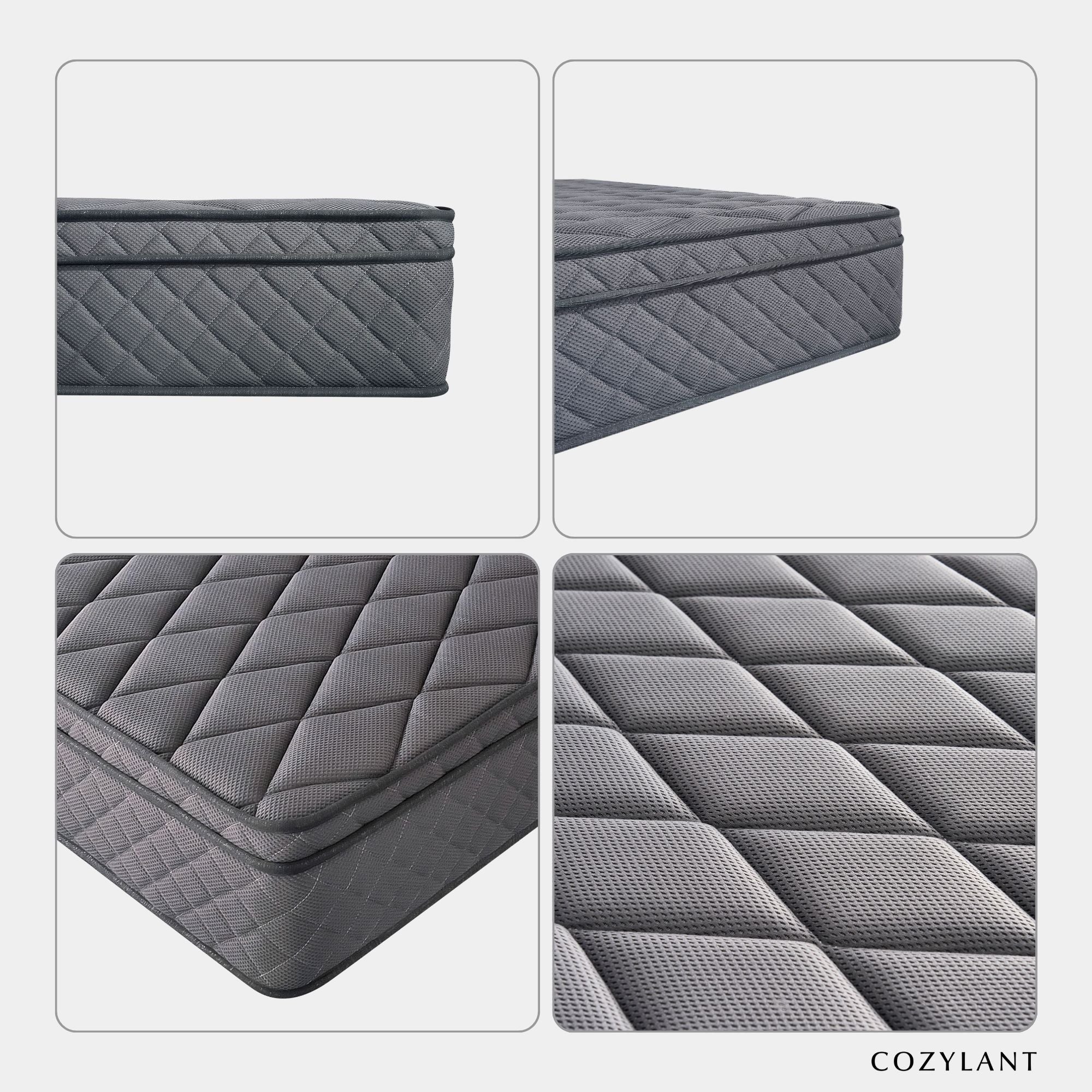 Four-panel product collage showing a dark gray quilted mattress from multiple angles, including a close-up of the diamond-quilted top and textured side panel. The brand name COZYLANT appears in the bottom right corner.