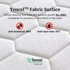 Tencel fabric surface with anti-bacterial and anti-dust mite properties on a white background.