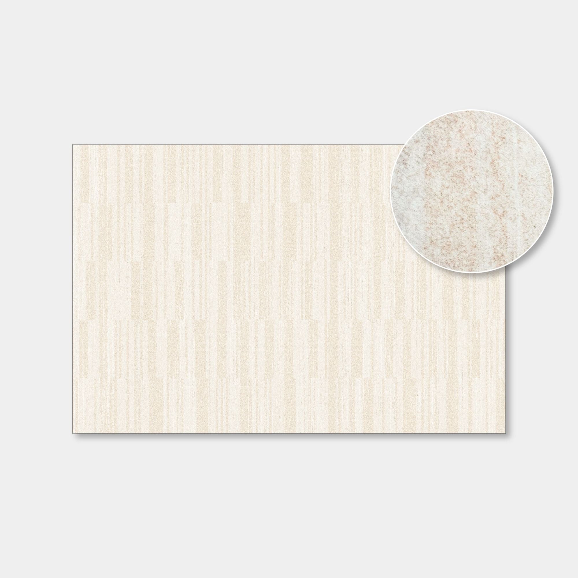 A rectangular sample of light beige textured material with a circular inset showing a close-up of the speckled surface, presented on a light gray background.