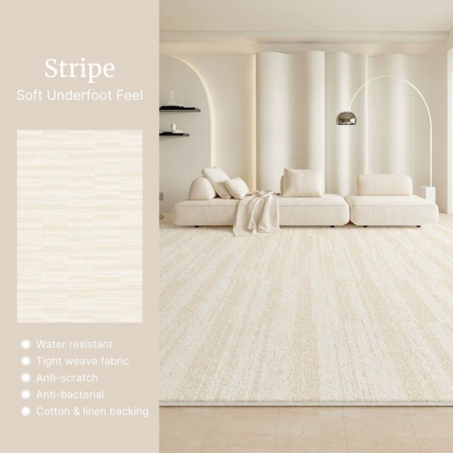 Living room with a beige carpet and text describing its features.