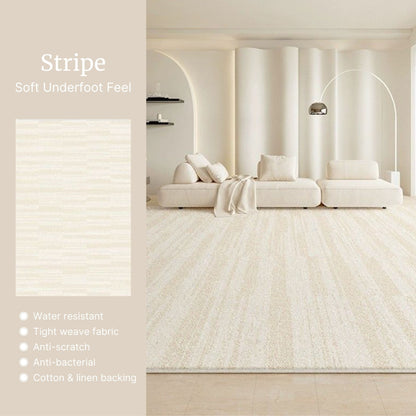 Living room with a beige carpet and text describing its features.
