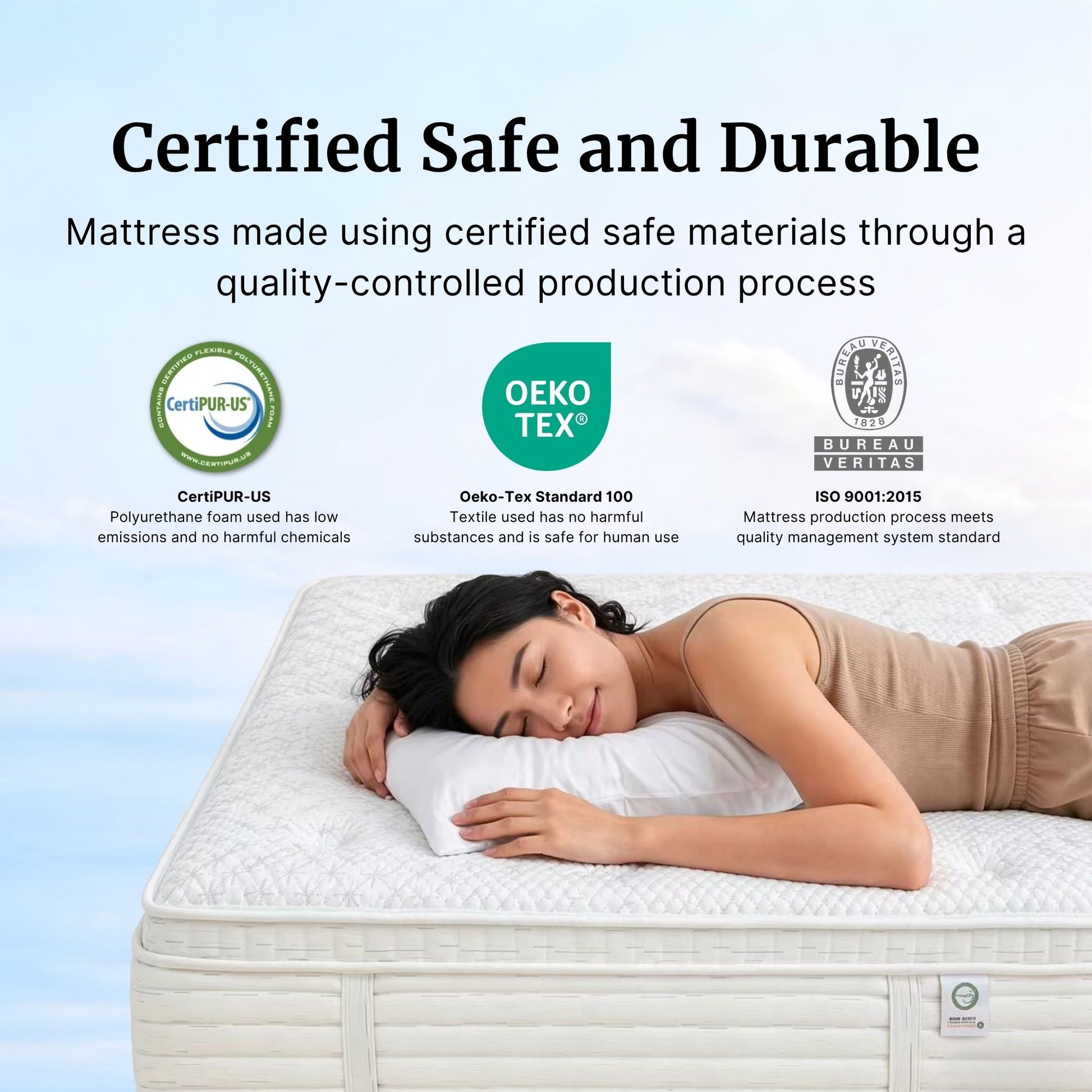 Woman lying on a mattress with certification logos displayed