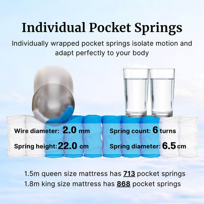Illustration of individually wrapped pocket springs with specifications on a blue background