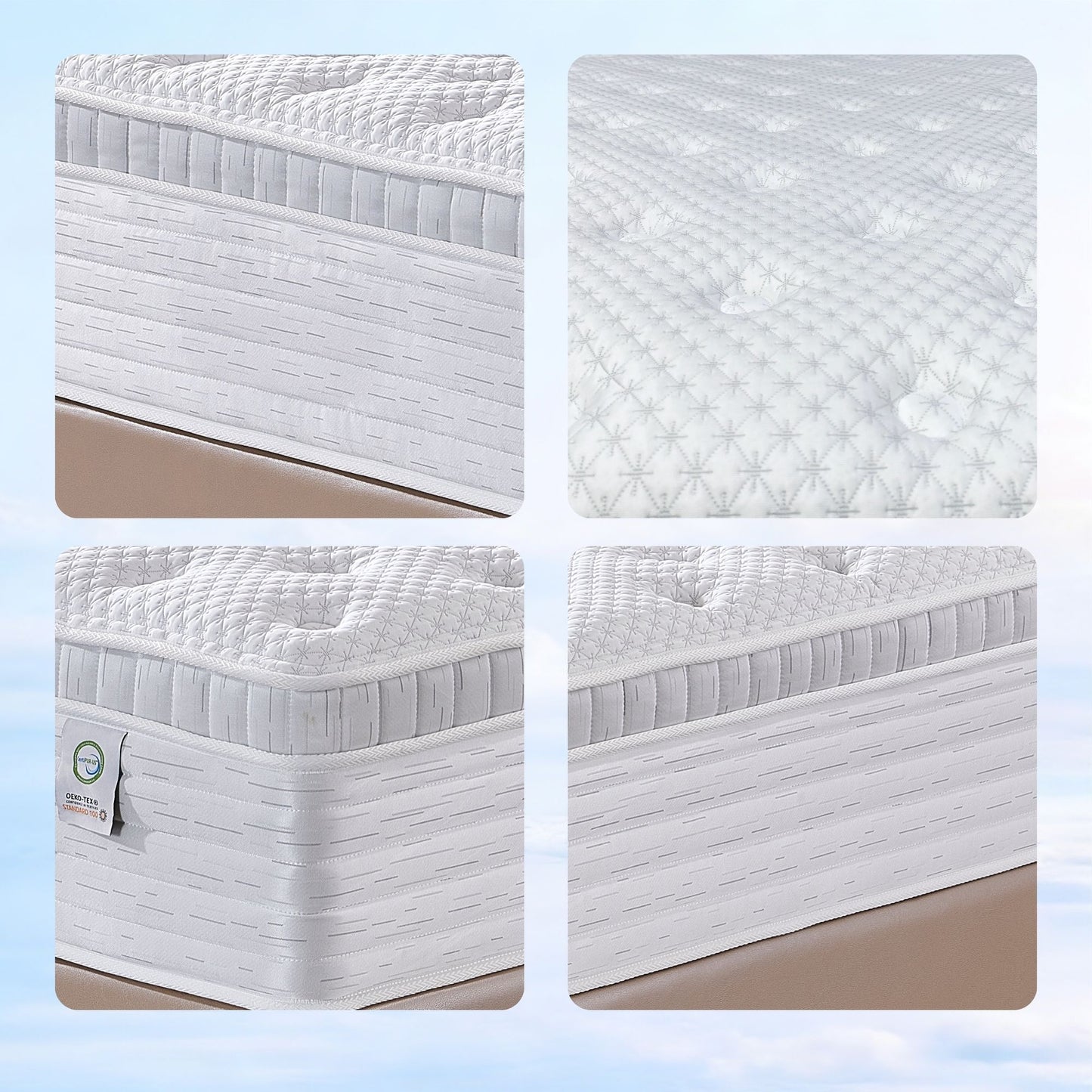 Collage of a mattress with different views on a light blue background