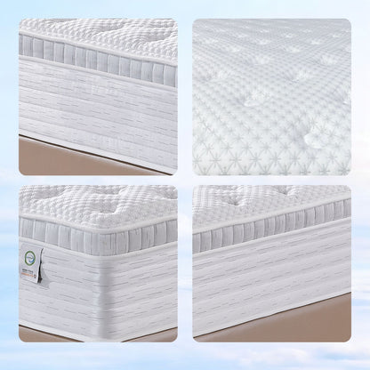 Collage of a mattress with different views on a light blue background