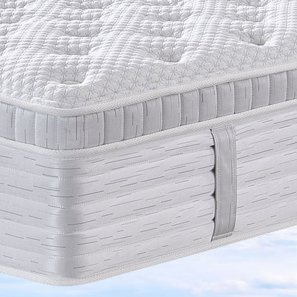 Close-up of a mattress with a quilted top layer on a light blue background