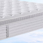 Close-up of a mattress with a textured surface on a light blue background
