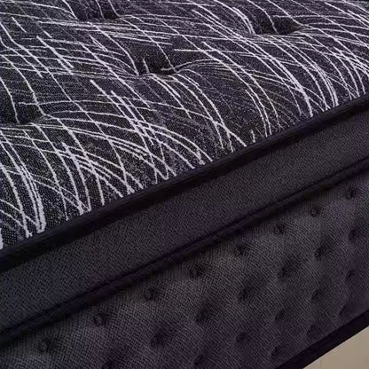 Close-up of a mattress with a textured surface and patterned cover.