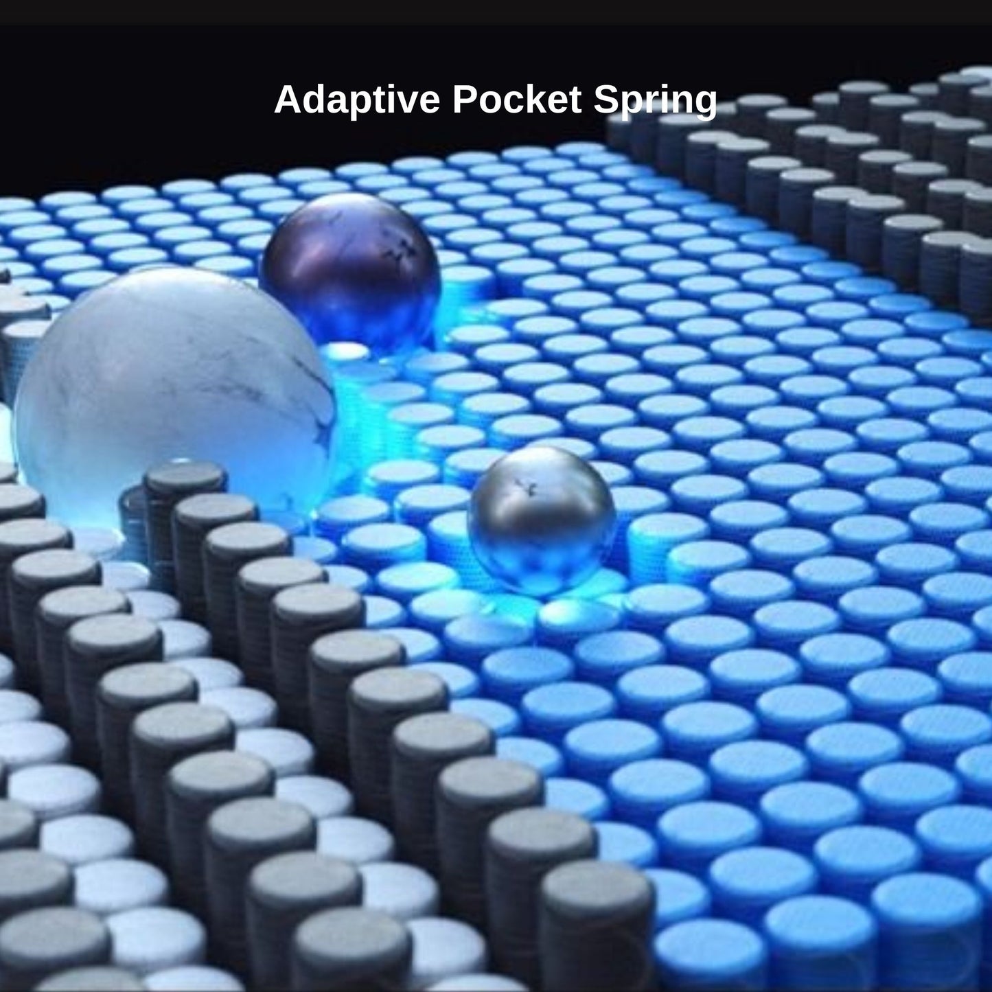 Close-up of an adaptive pocket spring with glowing blue spheres