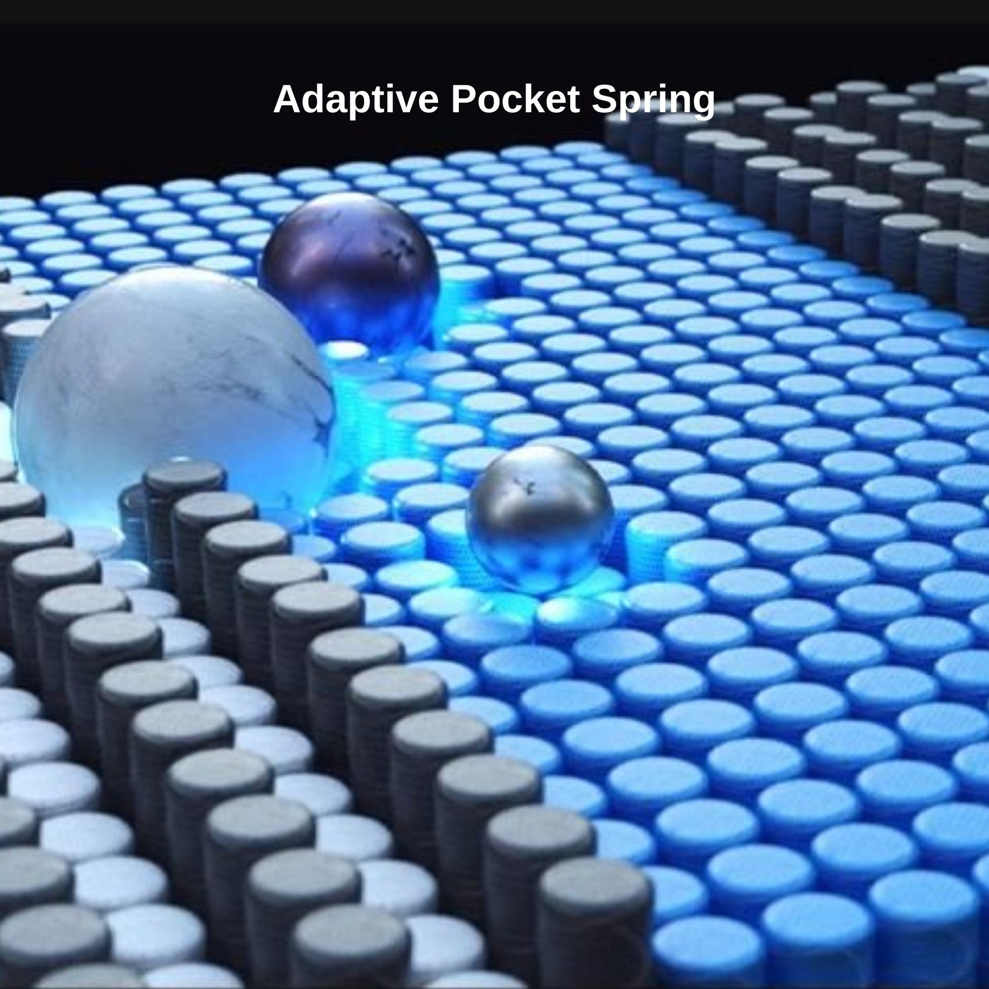 Close-up of an adaptive pocket spring with glowing blue spheres