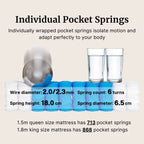 Informational graphic for individual pocket springs showing wrapped spring examples, two glass cups for demonstration, and text listing wire diameter, spring count, spring height, and spring diameter. It also notes mattress spring counts for queen and king sizes.