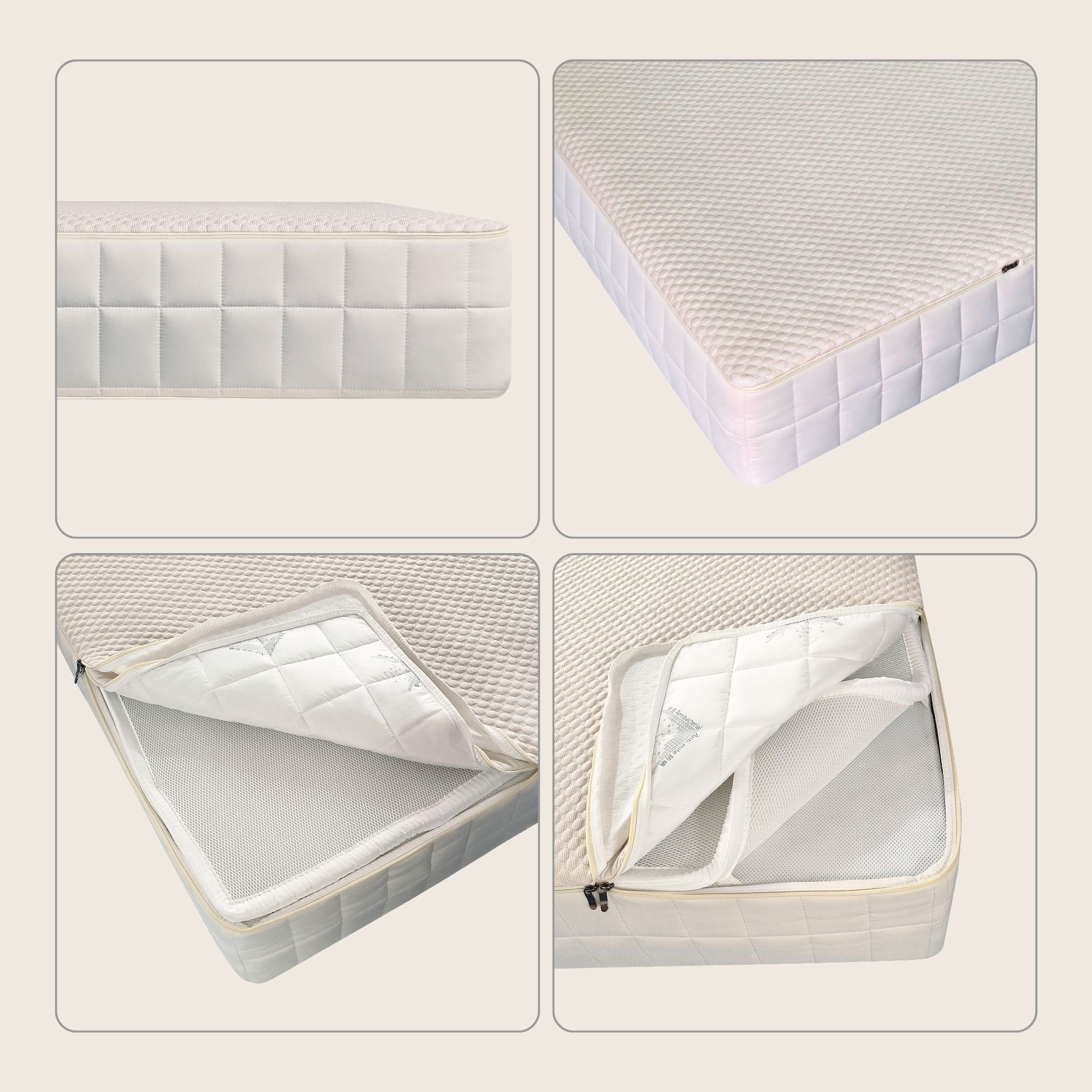 Four-panel product collage showing a mattress or mattress topper set: top-left shows the quilted side, top-right shows the top surface texture, bottom-left shows the underside with a zip opening, and bottom-right shows the interior compartments.