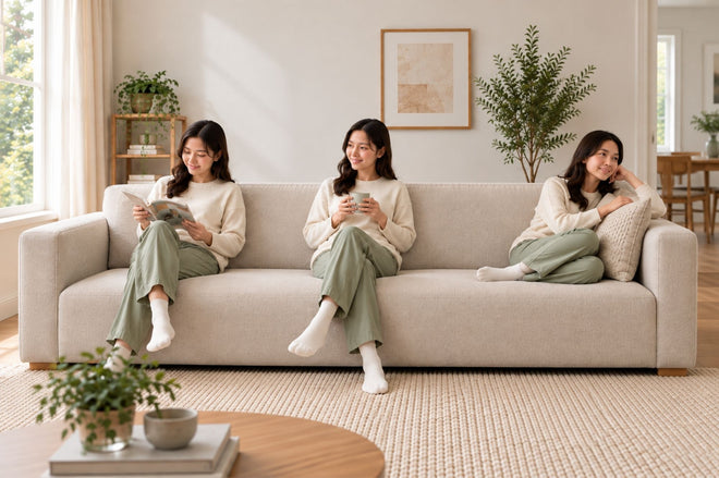 Different seating positions used across a fixed cushion sofa to distribute wear