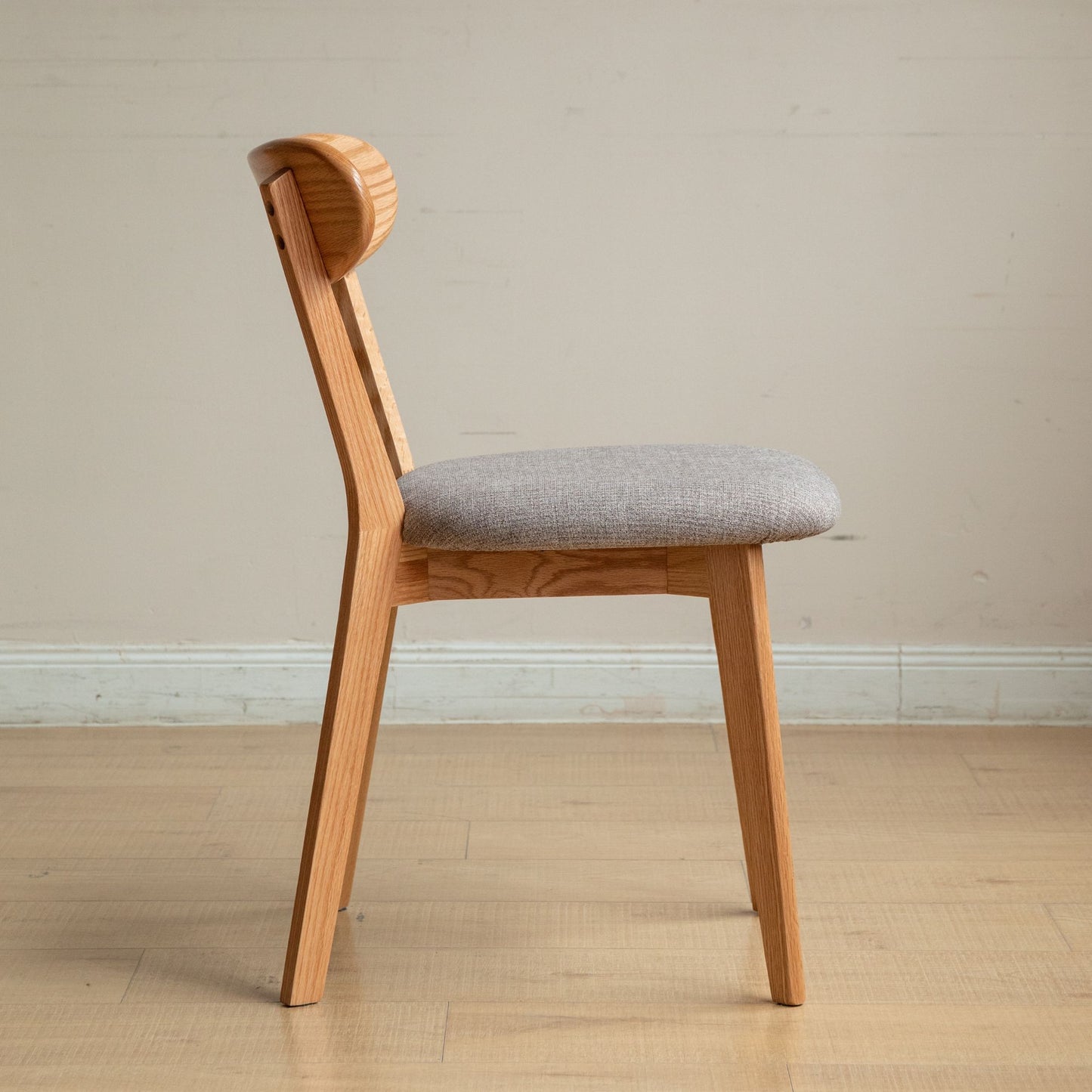 Tank oak wood fabric chair with natural wood finish and grey fabric