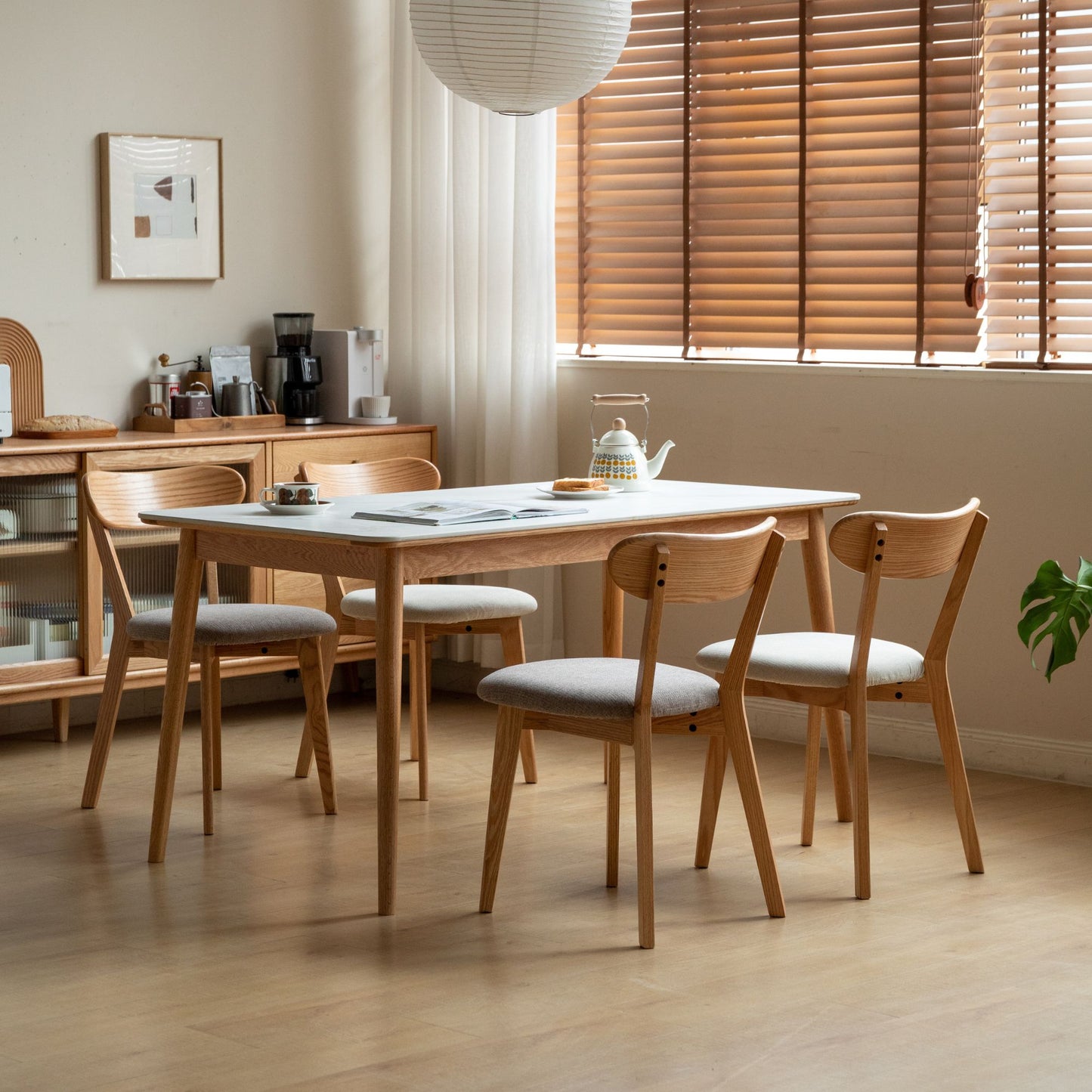 Tank oak wood fabric chair with natural wood finish and grey fabric