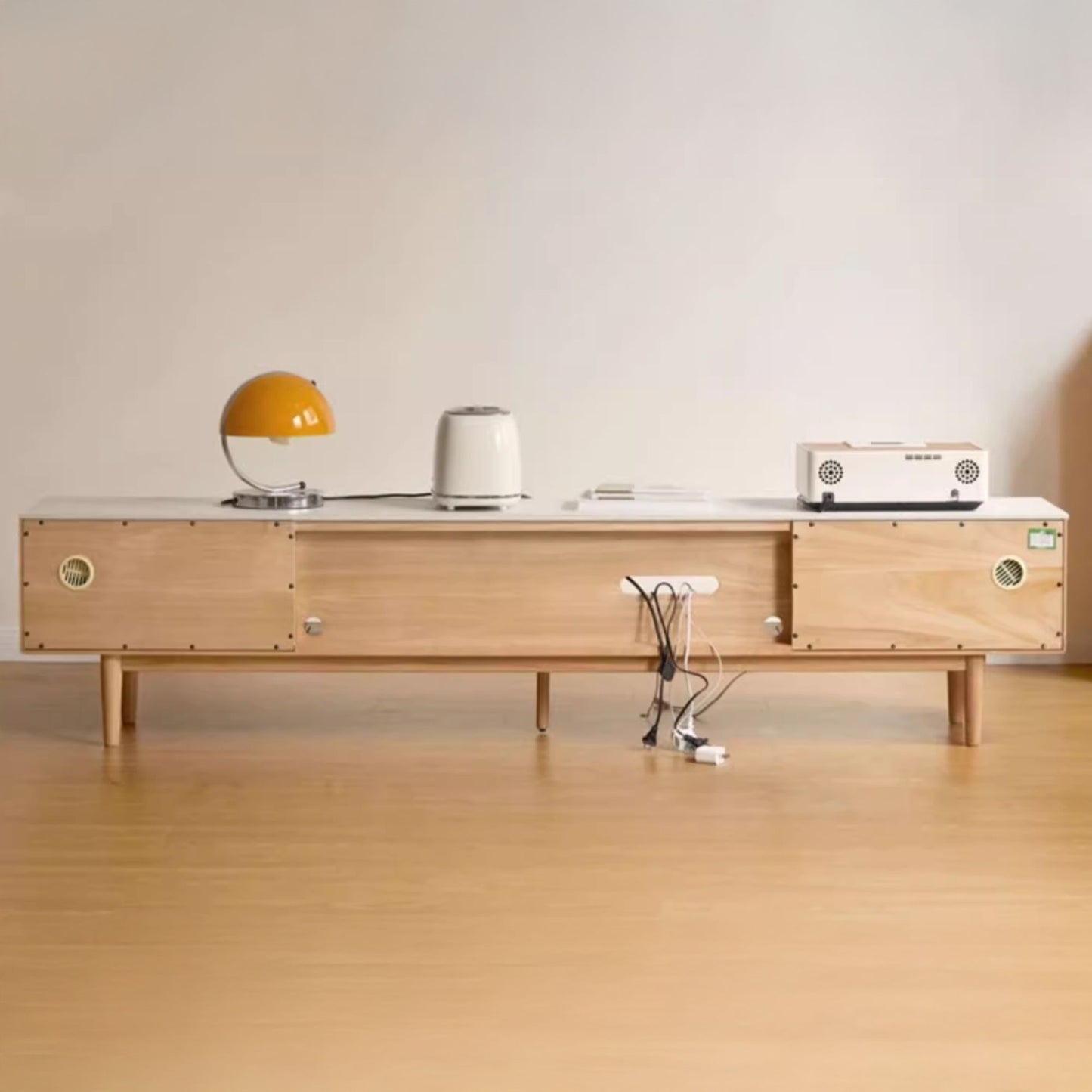 Tate oak wood sintered stone tv console in natural wood colour