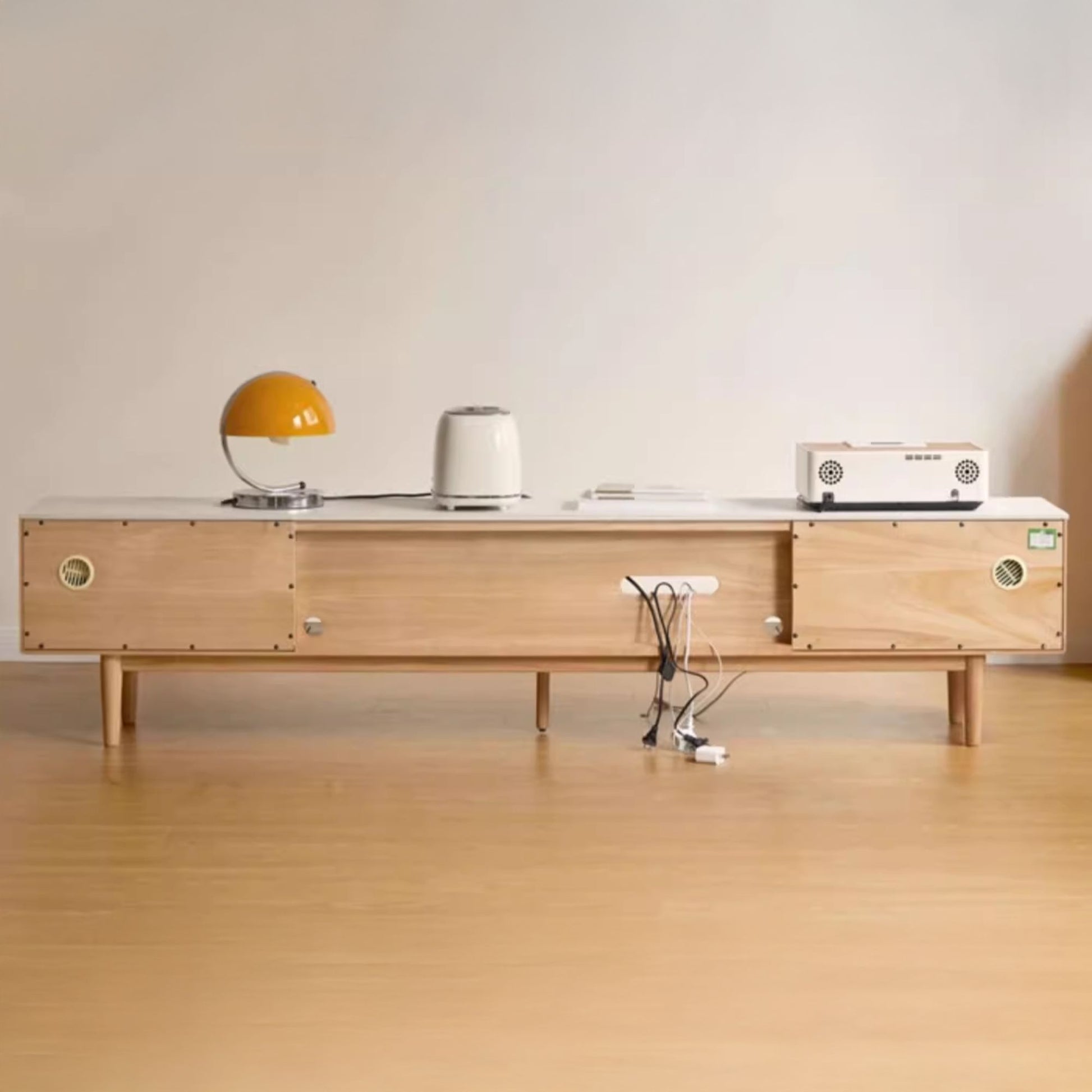 Tate oak wood sintered stone tv console in natural wood colour