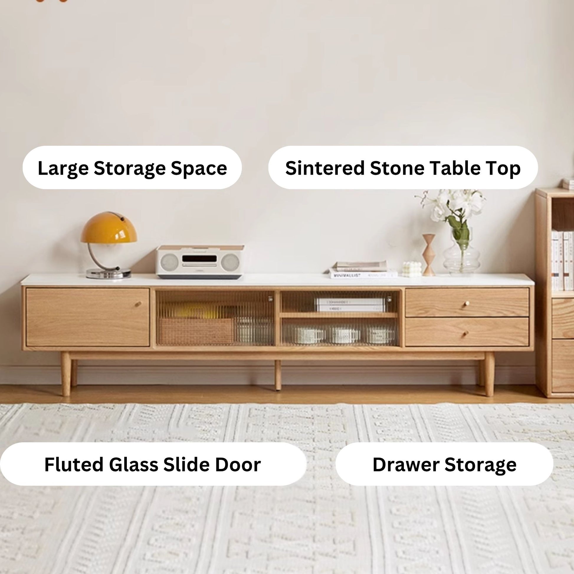 Tate oak wood sintered stone tv console in natural wood colour