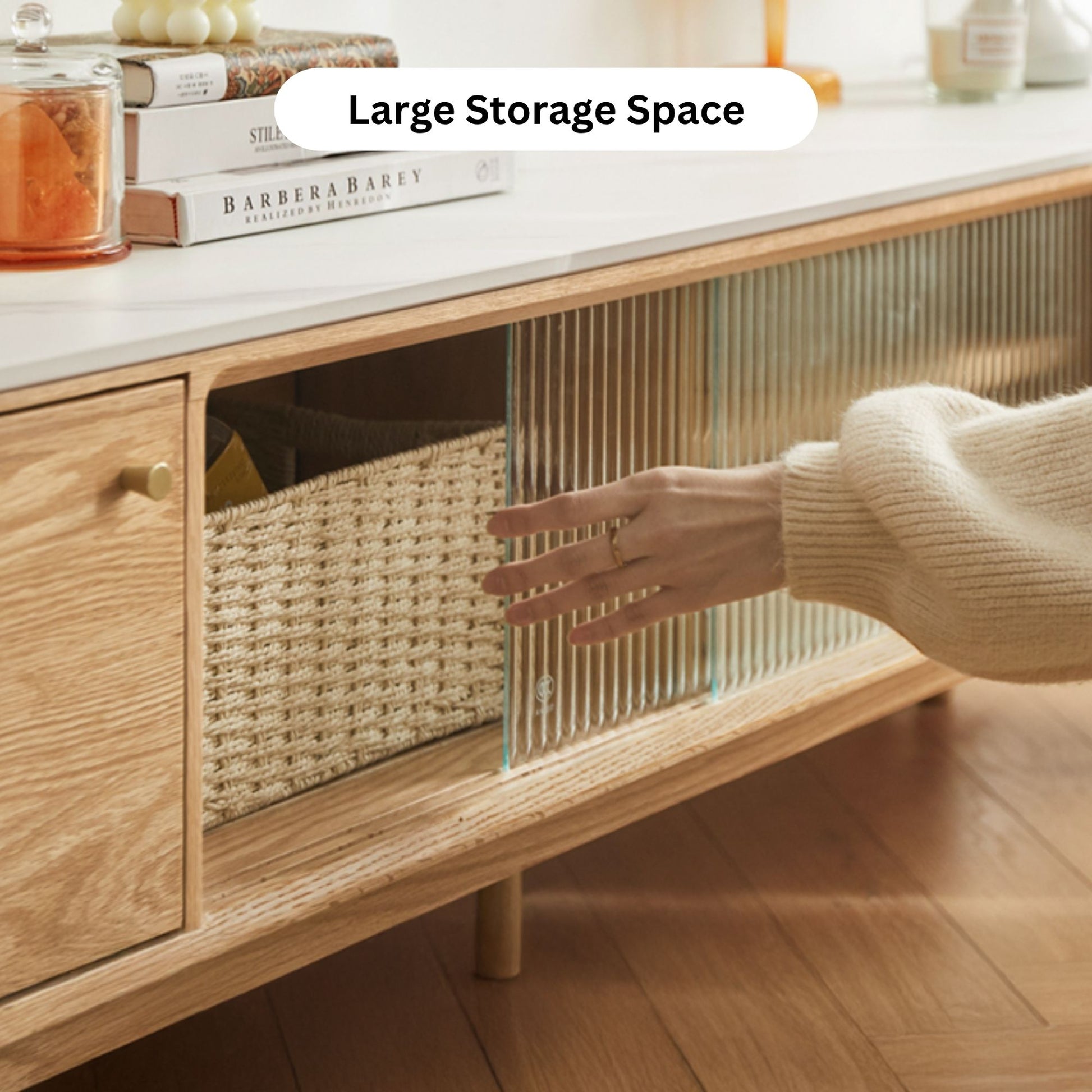 Tate oak wood sintered stone tv console in natural wood colour