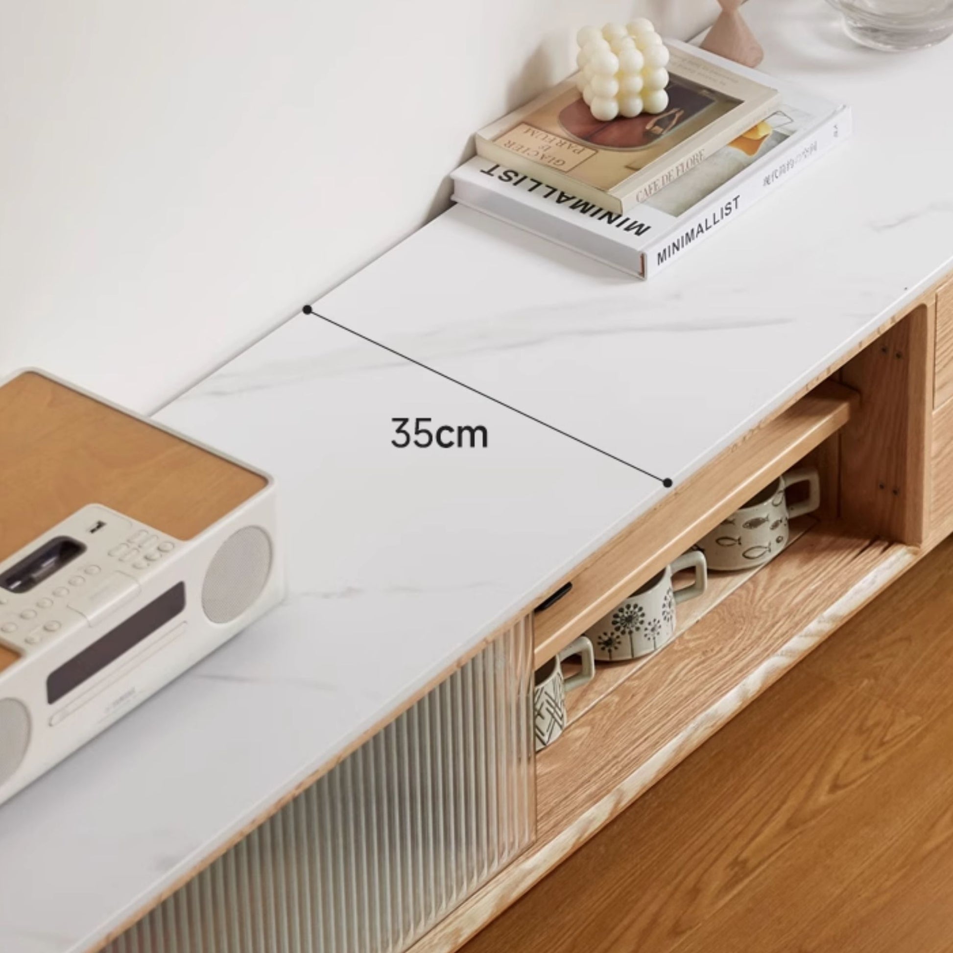 Tate oak wood sintered stone tv console in natural wood colour