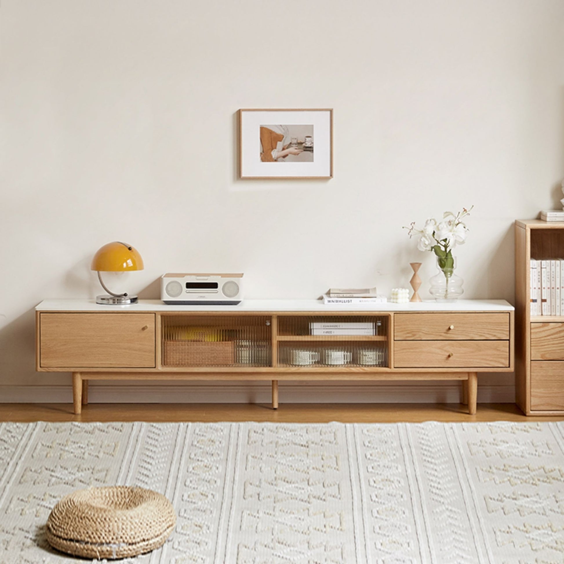 Tate oak wood sintered stone tv console in natural wood colour