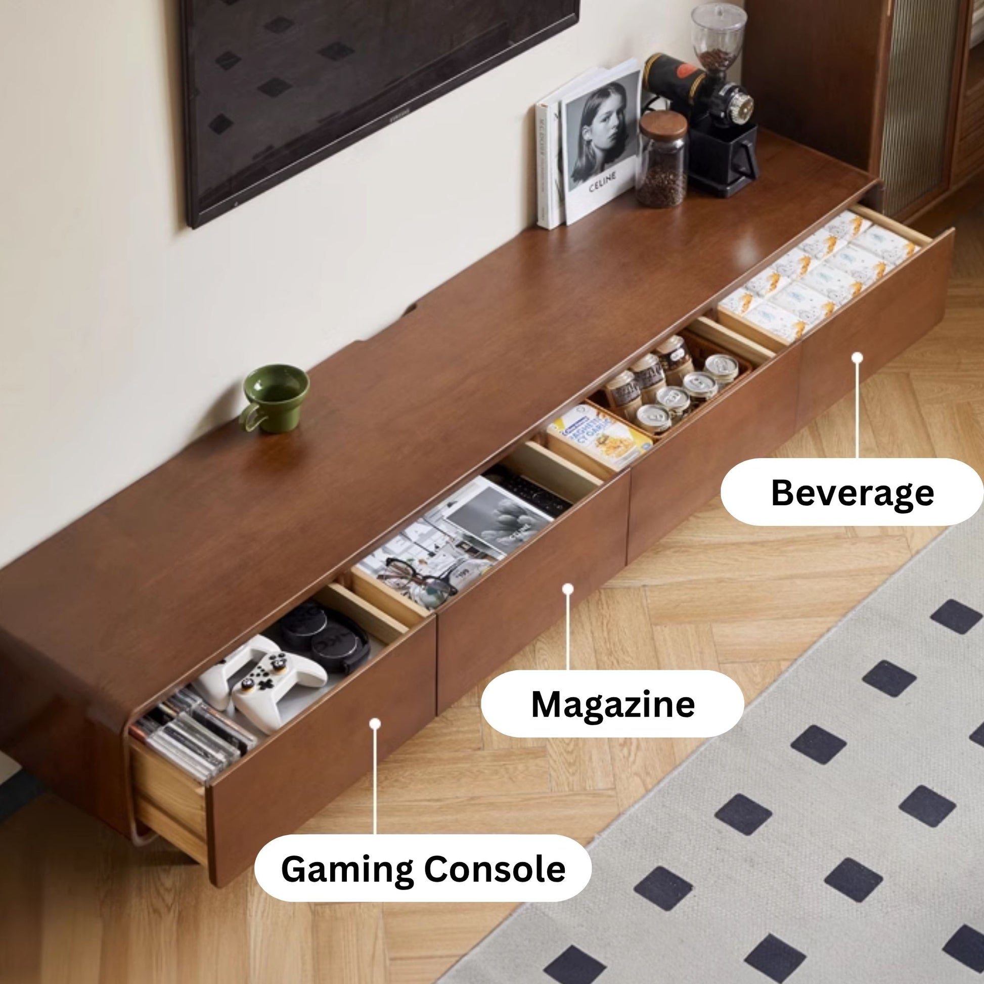 Teo rubberwood tv console in walnut finish
